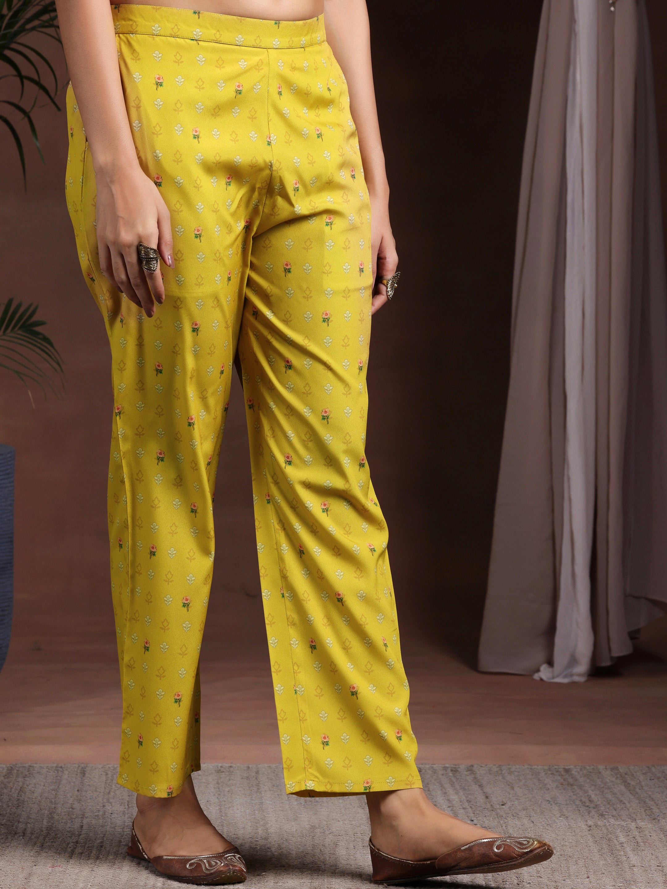 Mustard Printed Poly Crepe Straight Suit With Dupatta