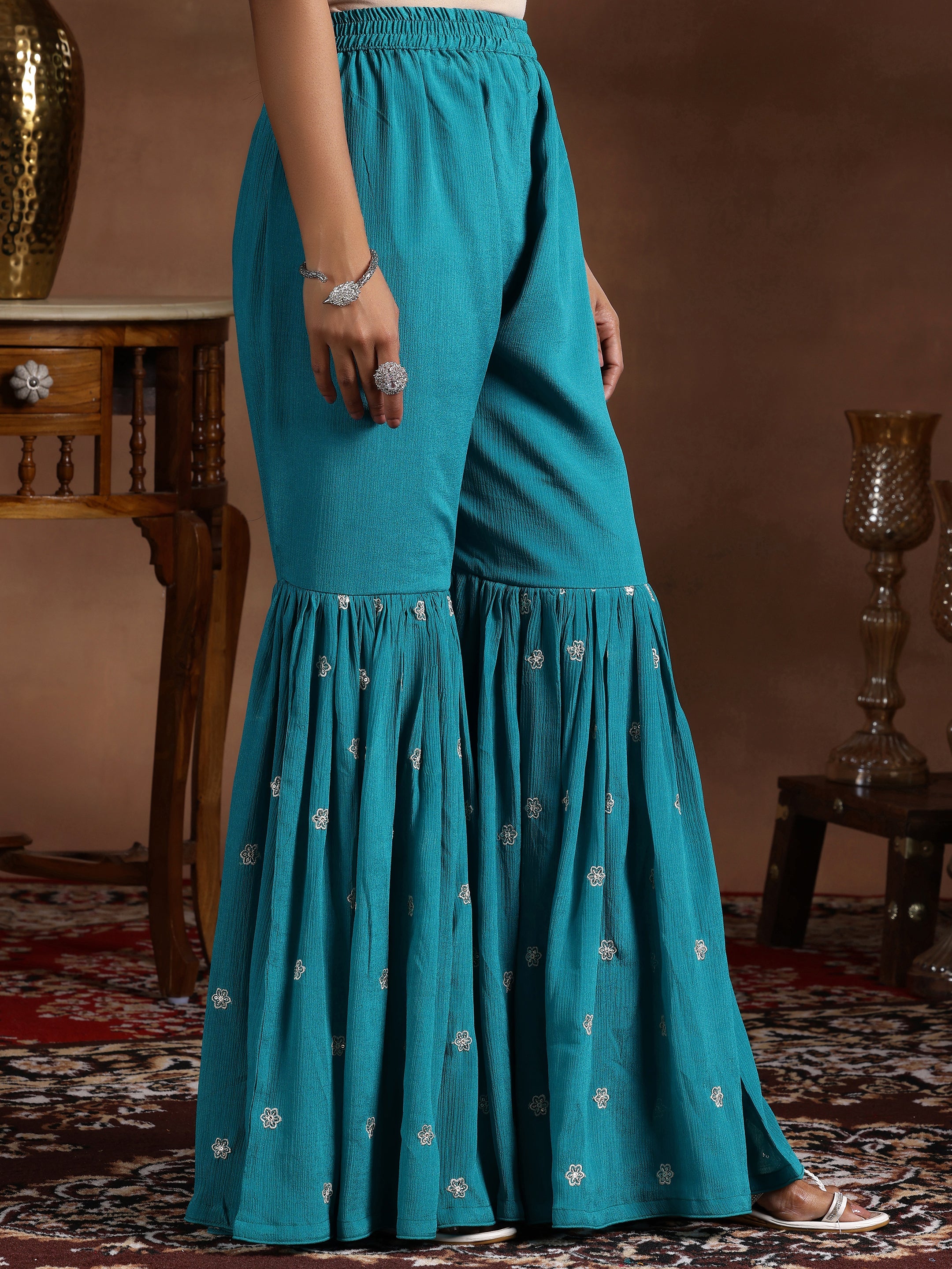 Rama Blue Embroidered Silk Blend Straight Suit With Dupatta