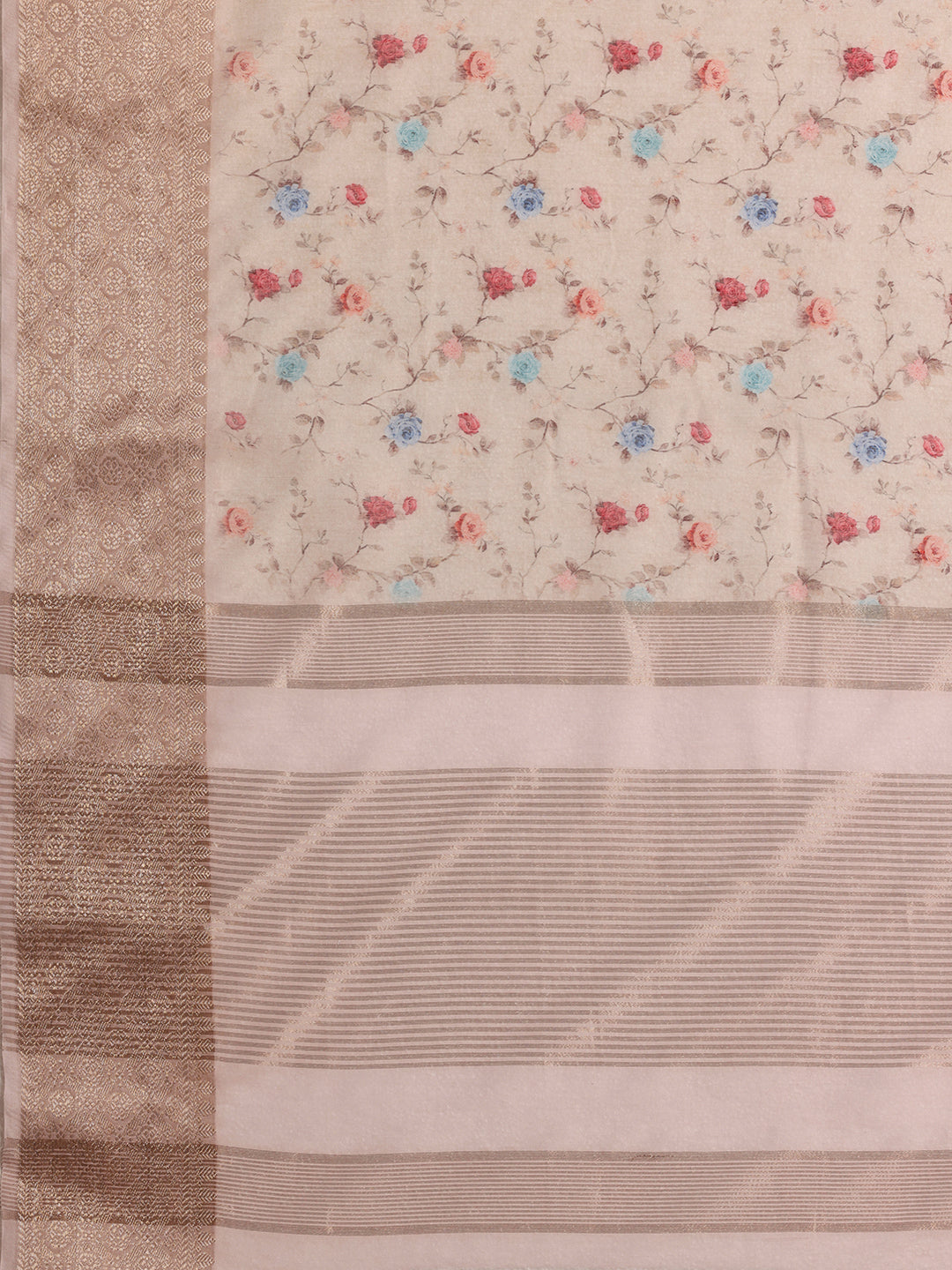 Beige Printed Silk Blend Saree With Unstitched Blouse Piece