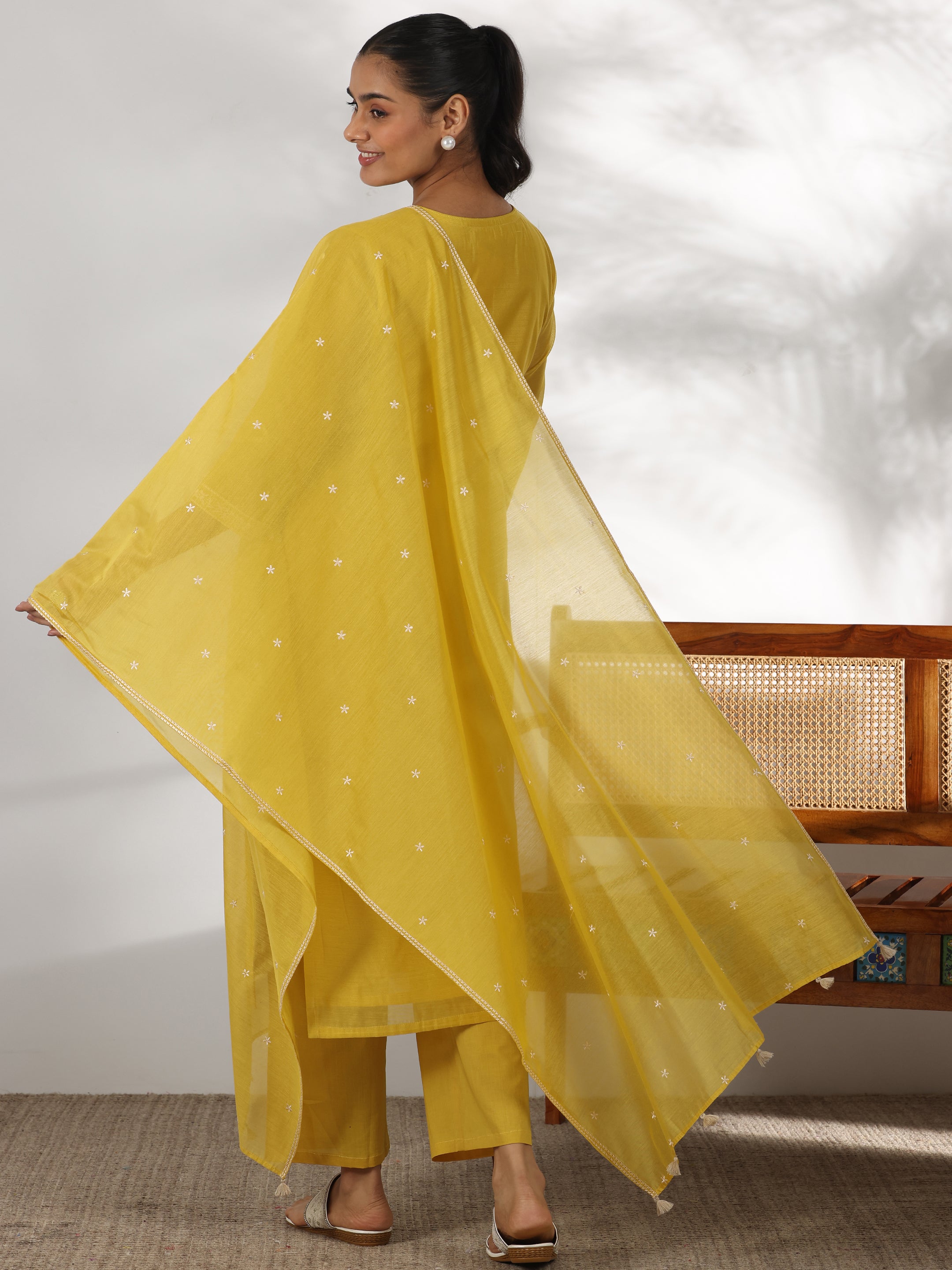 Mustard Embroidered Chanderi Silk Straight Suit With Dupatta