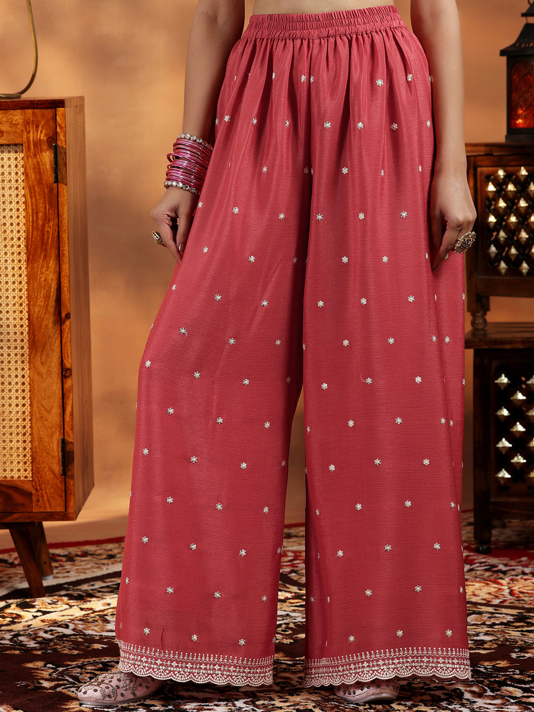 Coral Embroidered Silk Blend Straight Suit With Dupatta