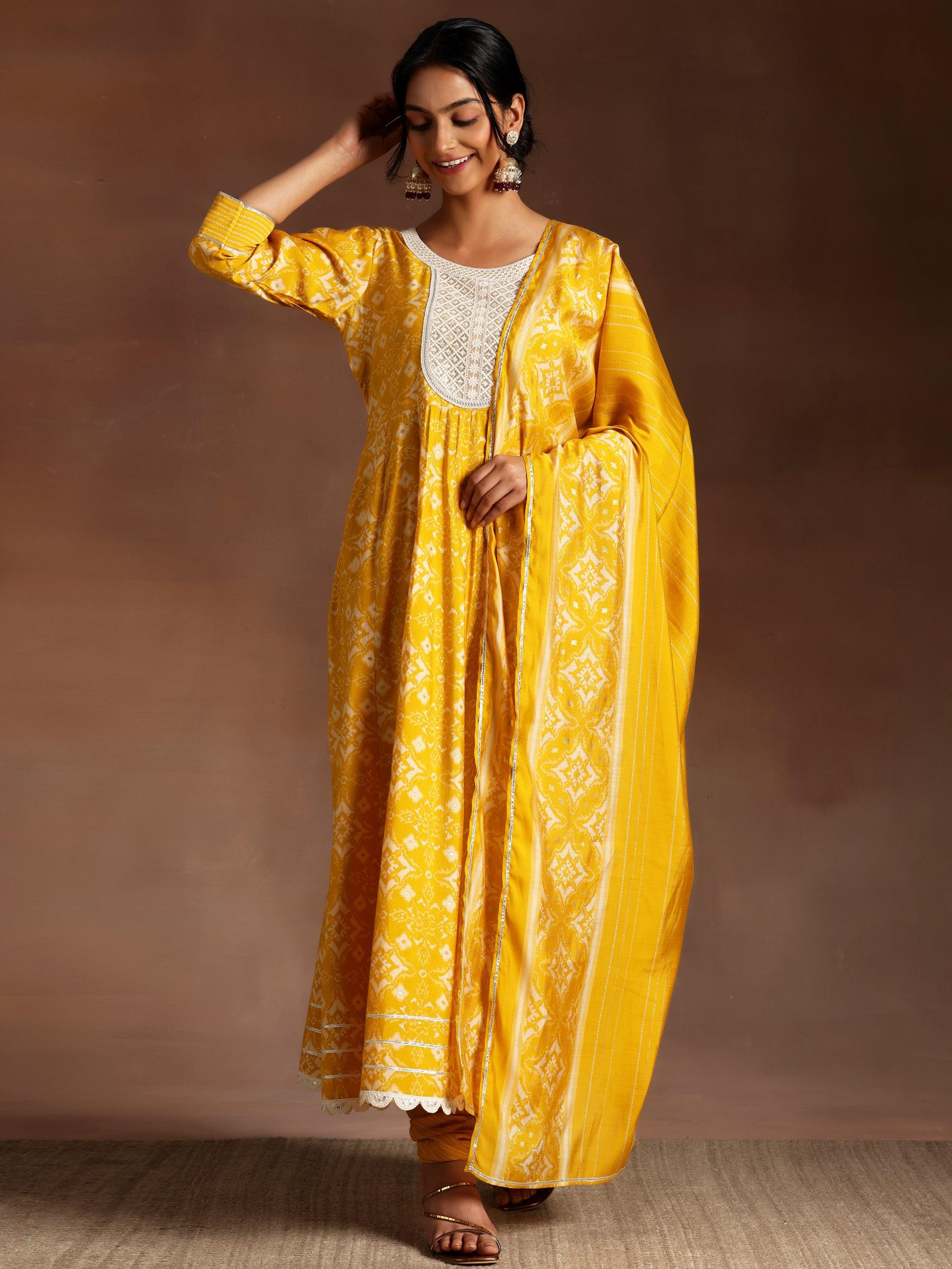 Mustard Printed Silk Blend Anarkali Suit With Dupatta