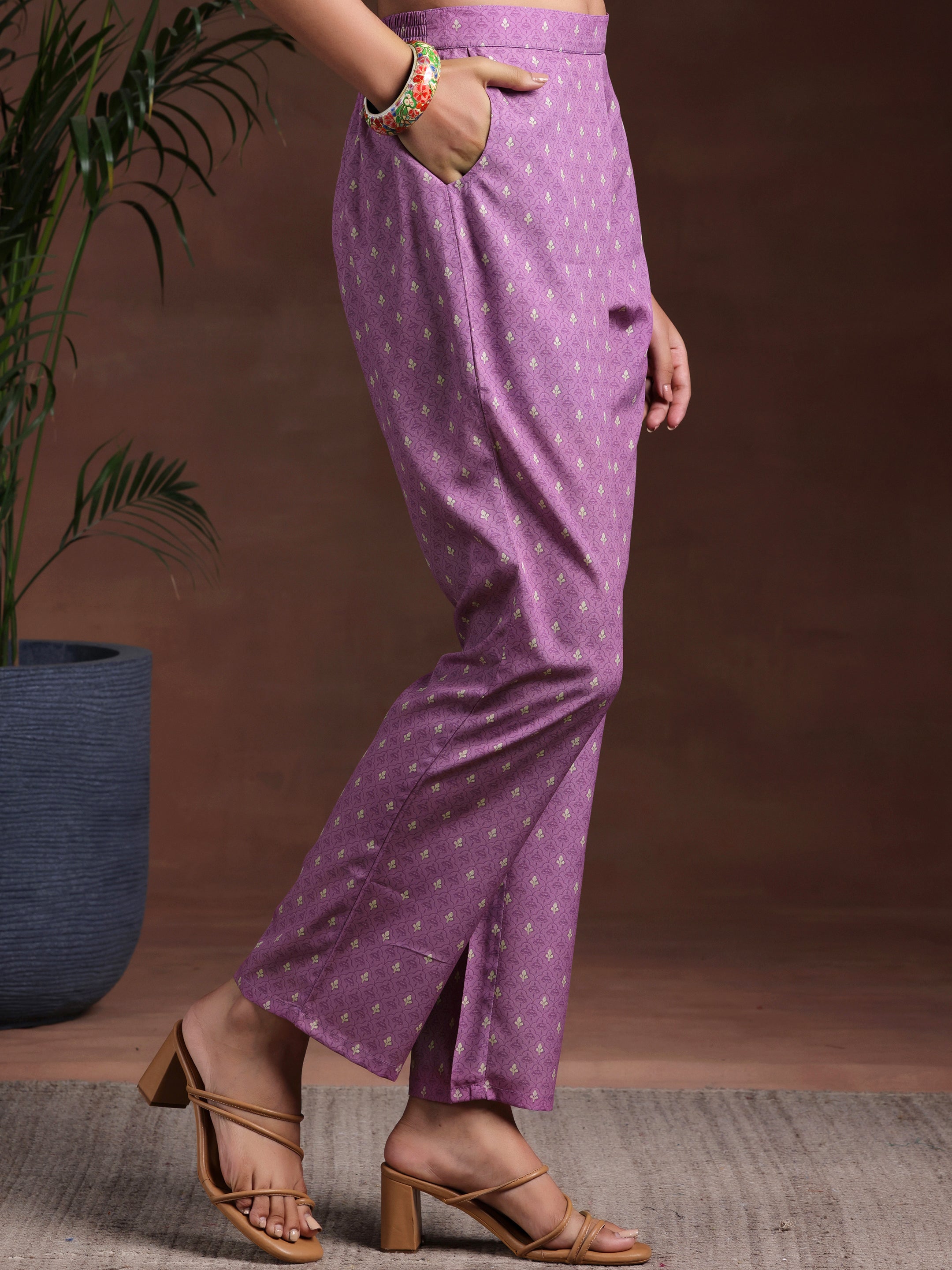 Purple Printed Poly Crepe Straight Suit With Dupatta