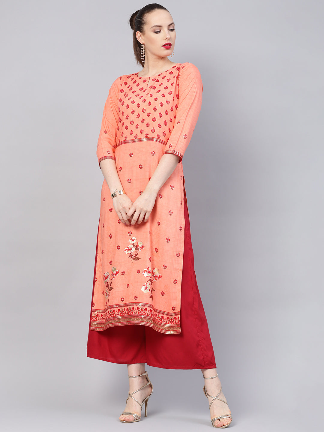 Peach Printed Rayon Kurta