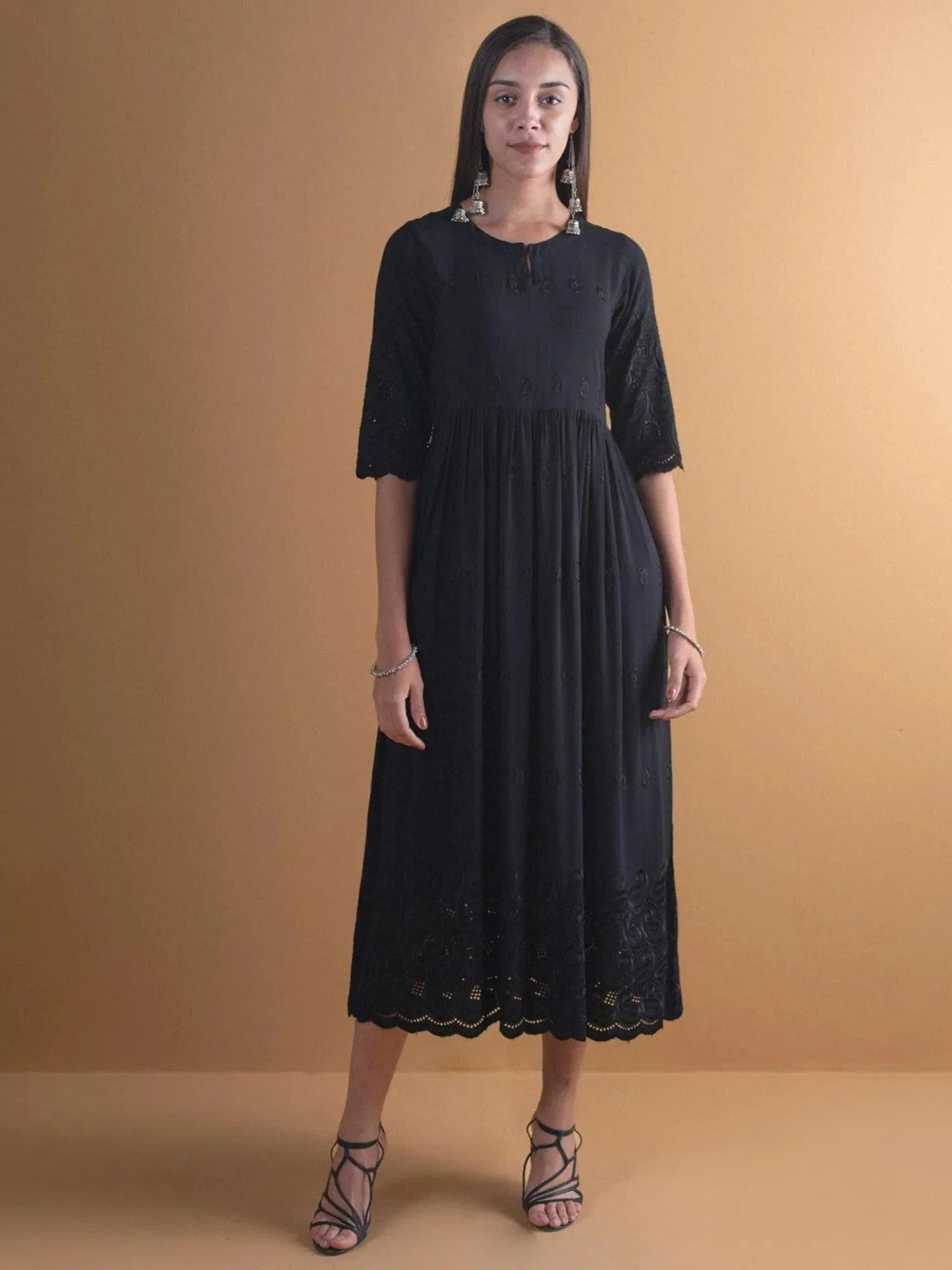 Black Schiffli Rayon Dress