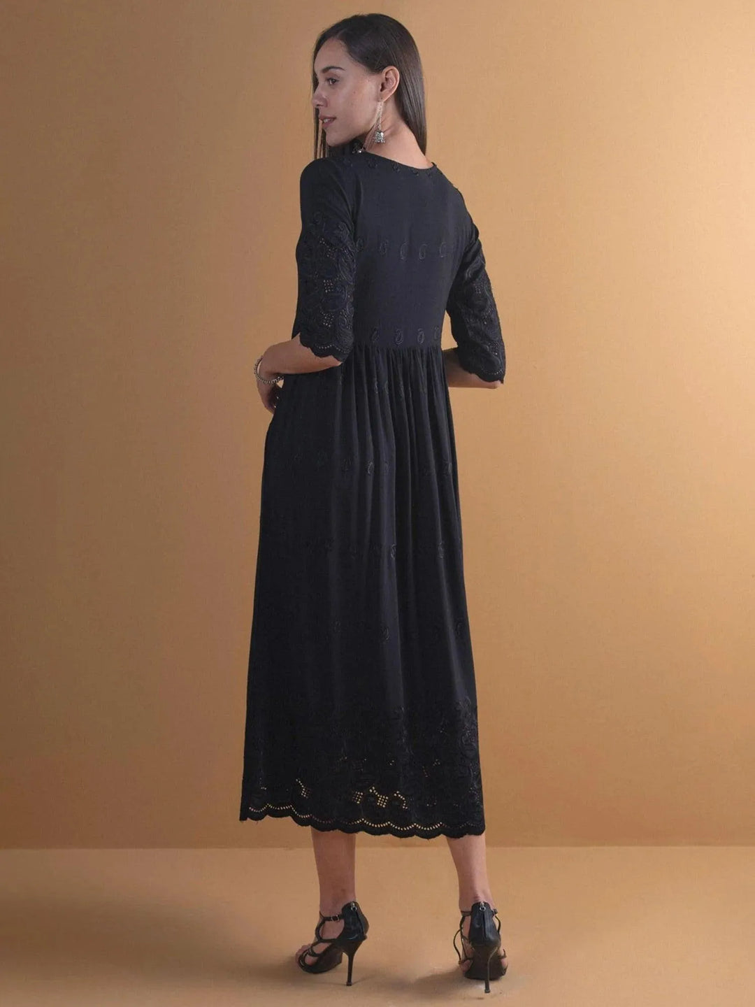 Black Schiffli Rayon Dress - ShopLibas