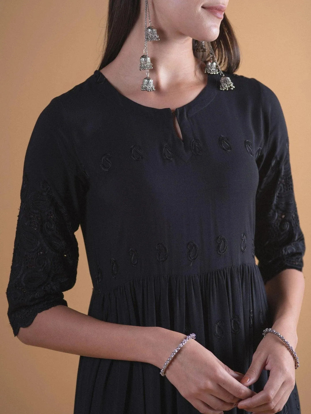 Black Schiffli Rayon Dress - ShopLibas