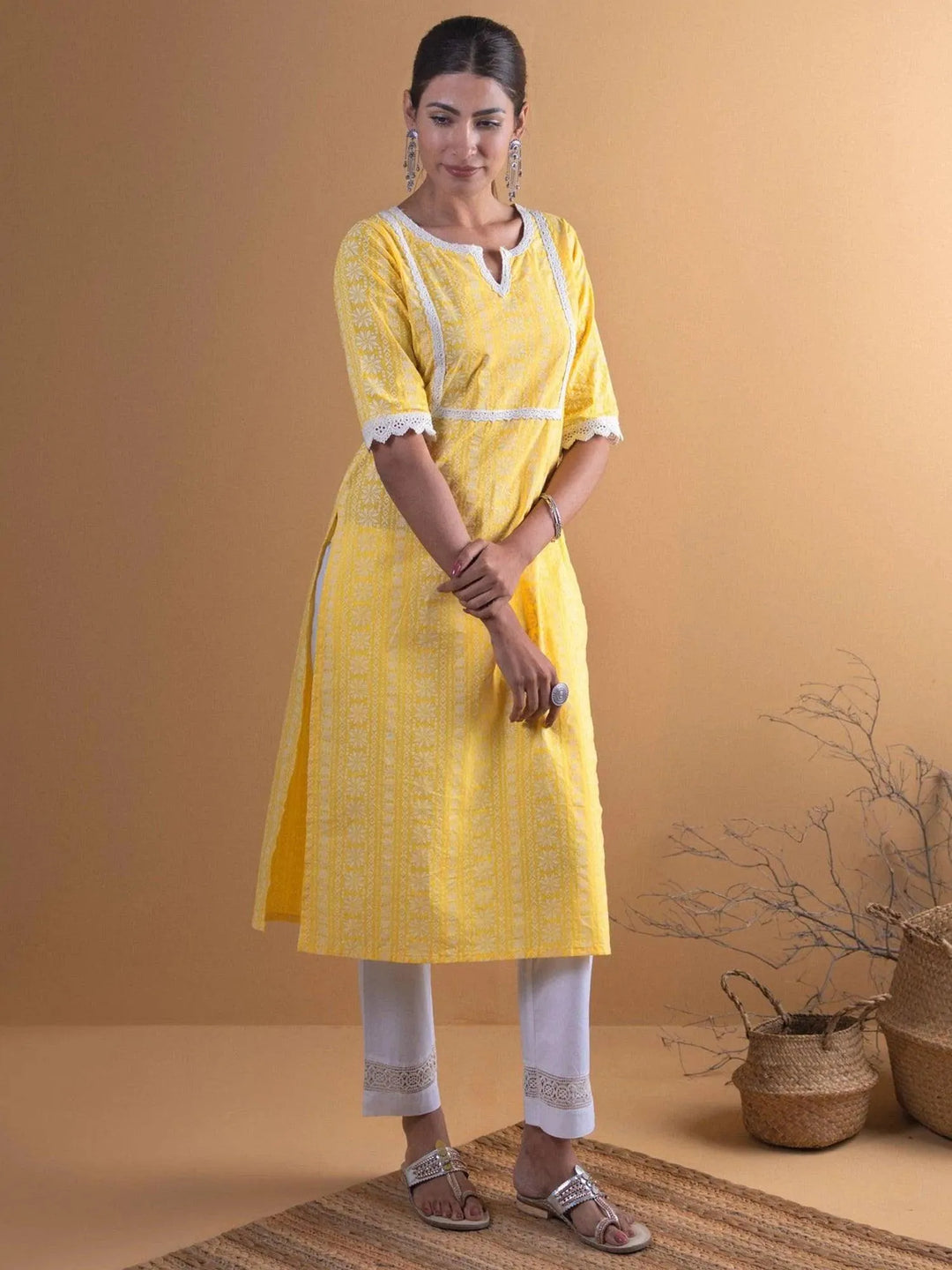 Yellow Printed Cotton Kurta - ShopLibas