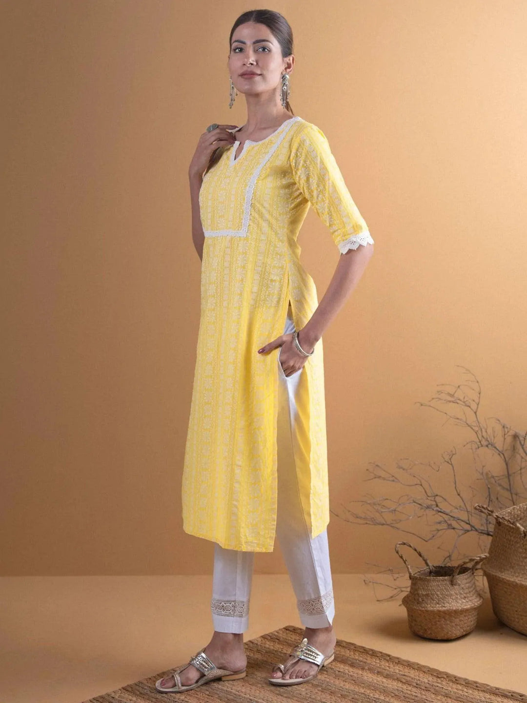 Yellow Printed Cotton Kurta - ShopLibas