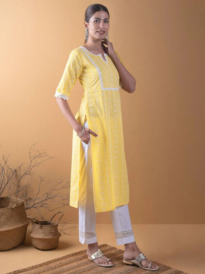 Yellow Printed Cotton Kurta - ShopLibas