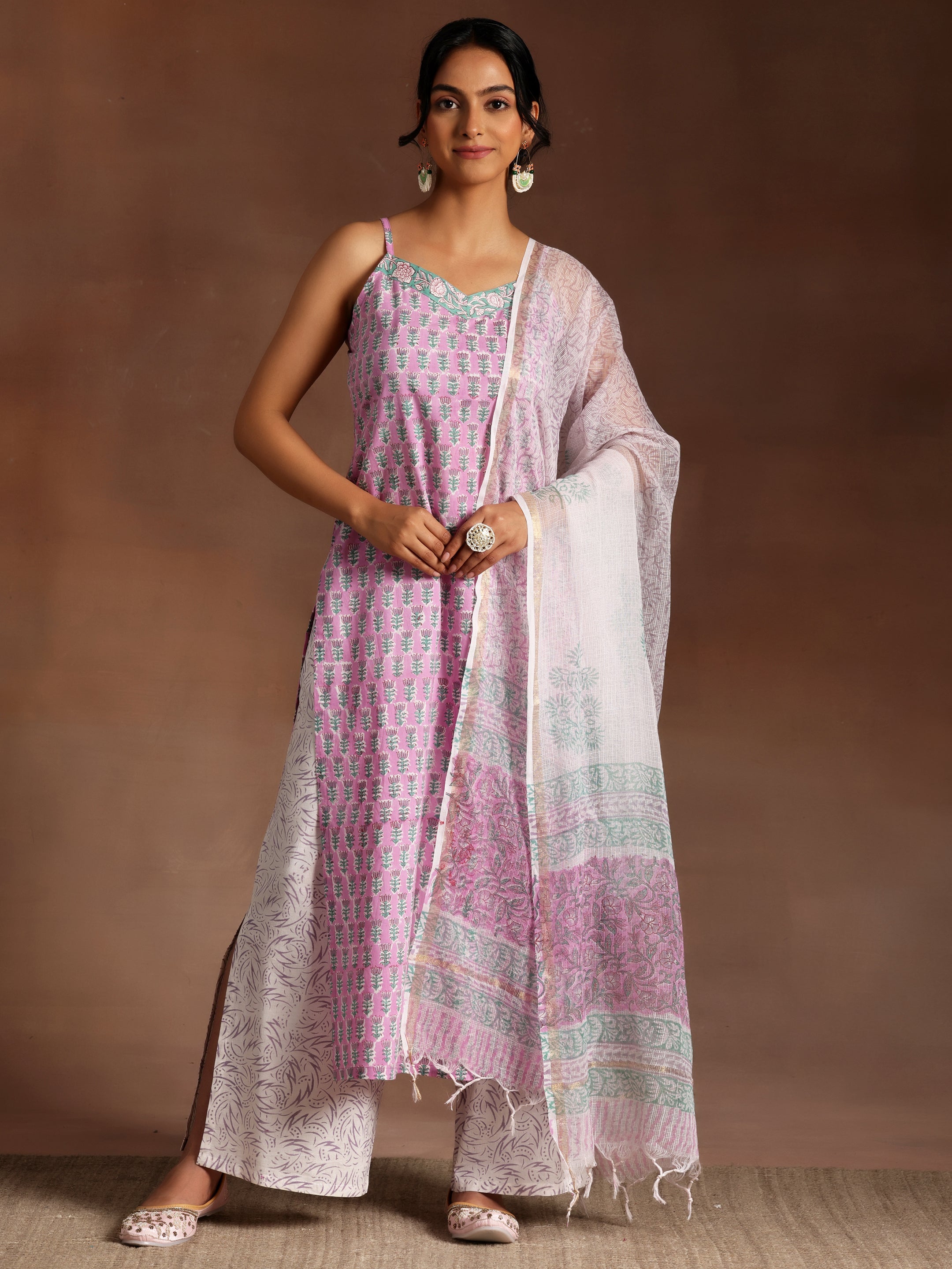 Pink Printed Cotton Straight Suit With Dupatta