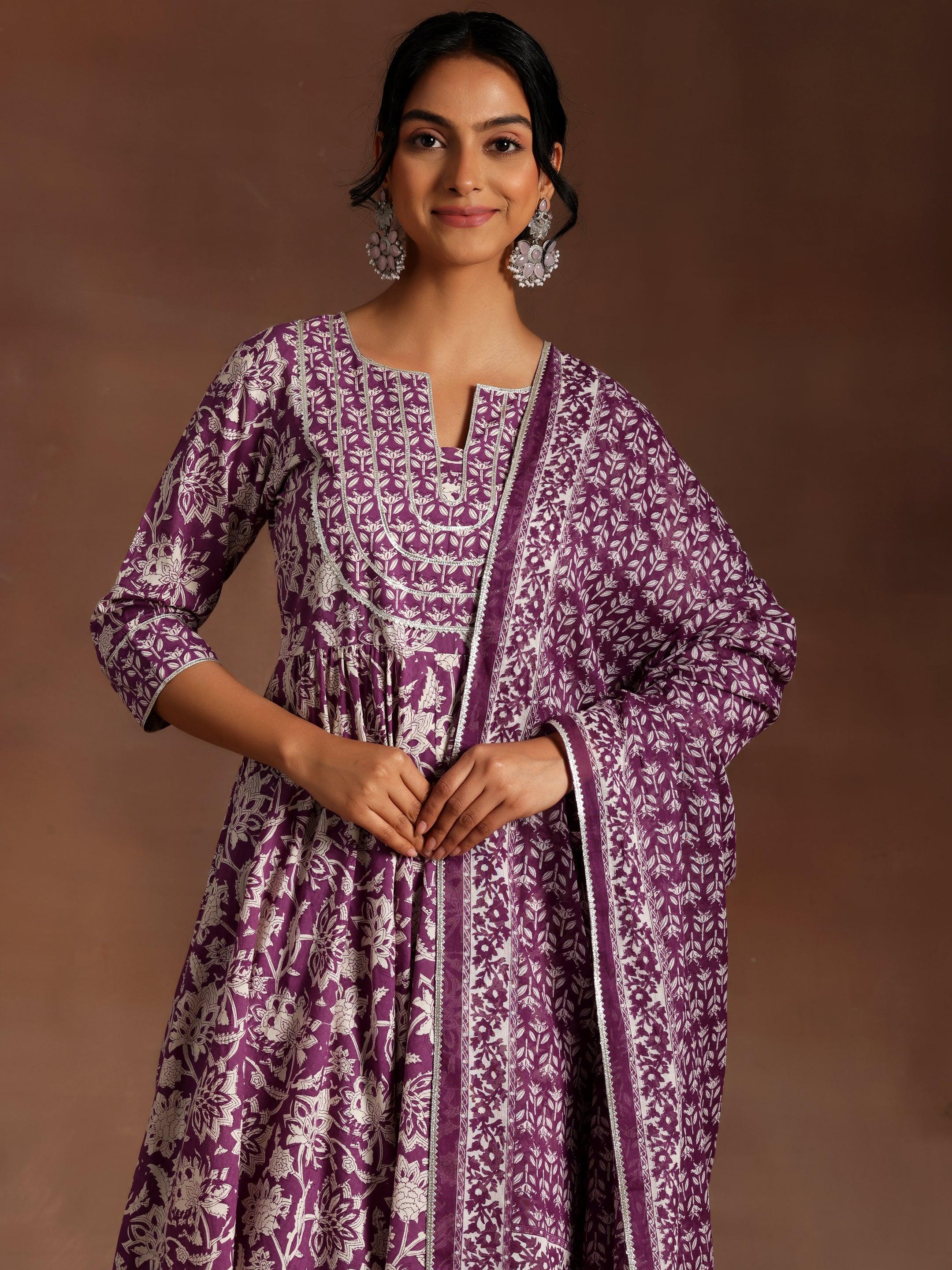 Purple Printed Cotton Anarkali Suit With Dupatta