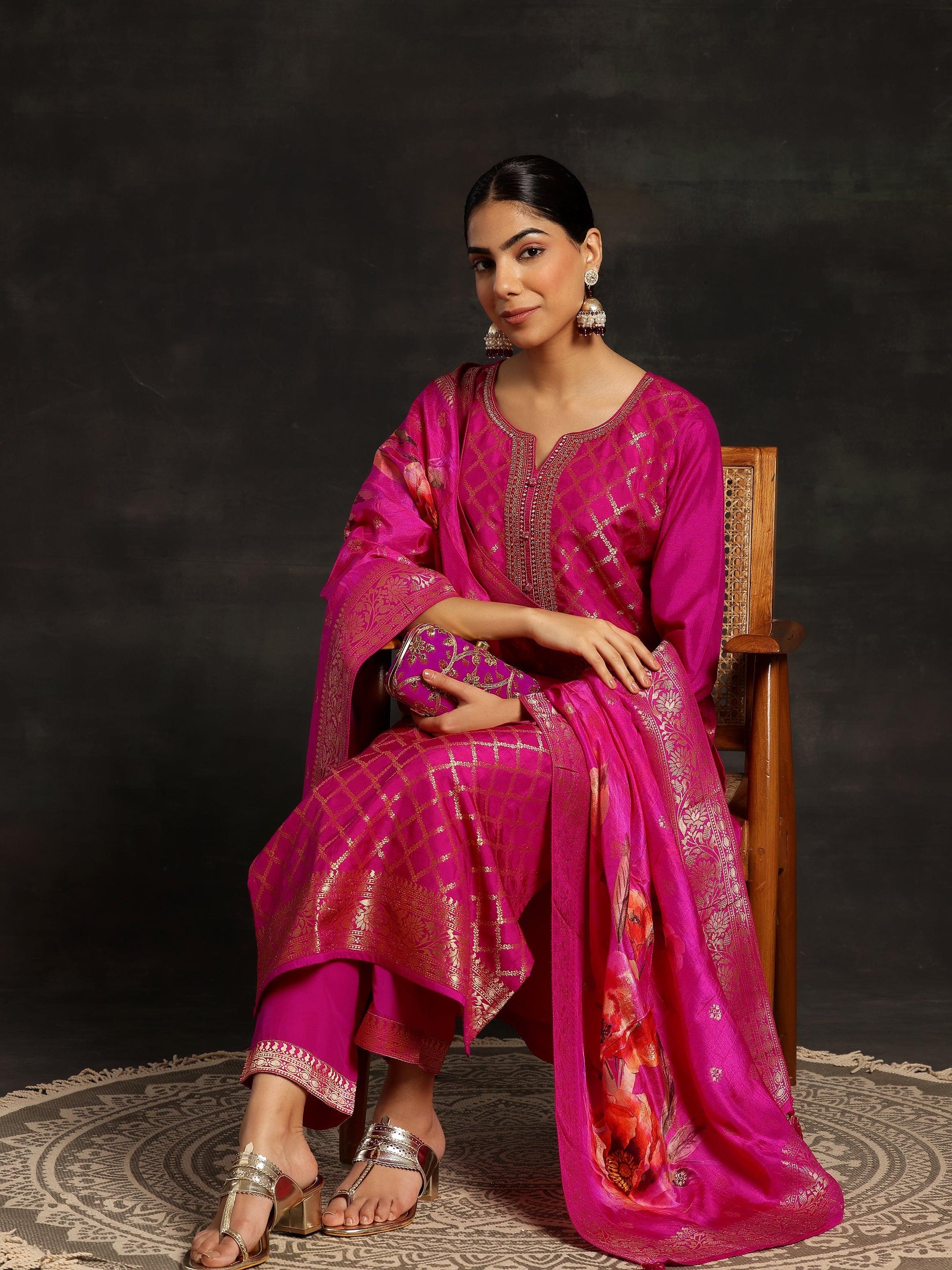 Pink Woven Design Silk Blend Straight Suit With Dupatta