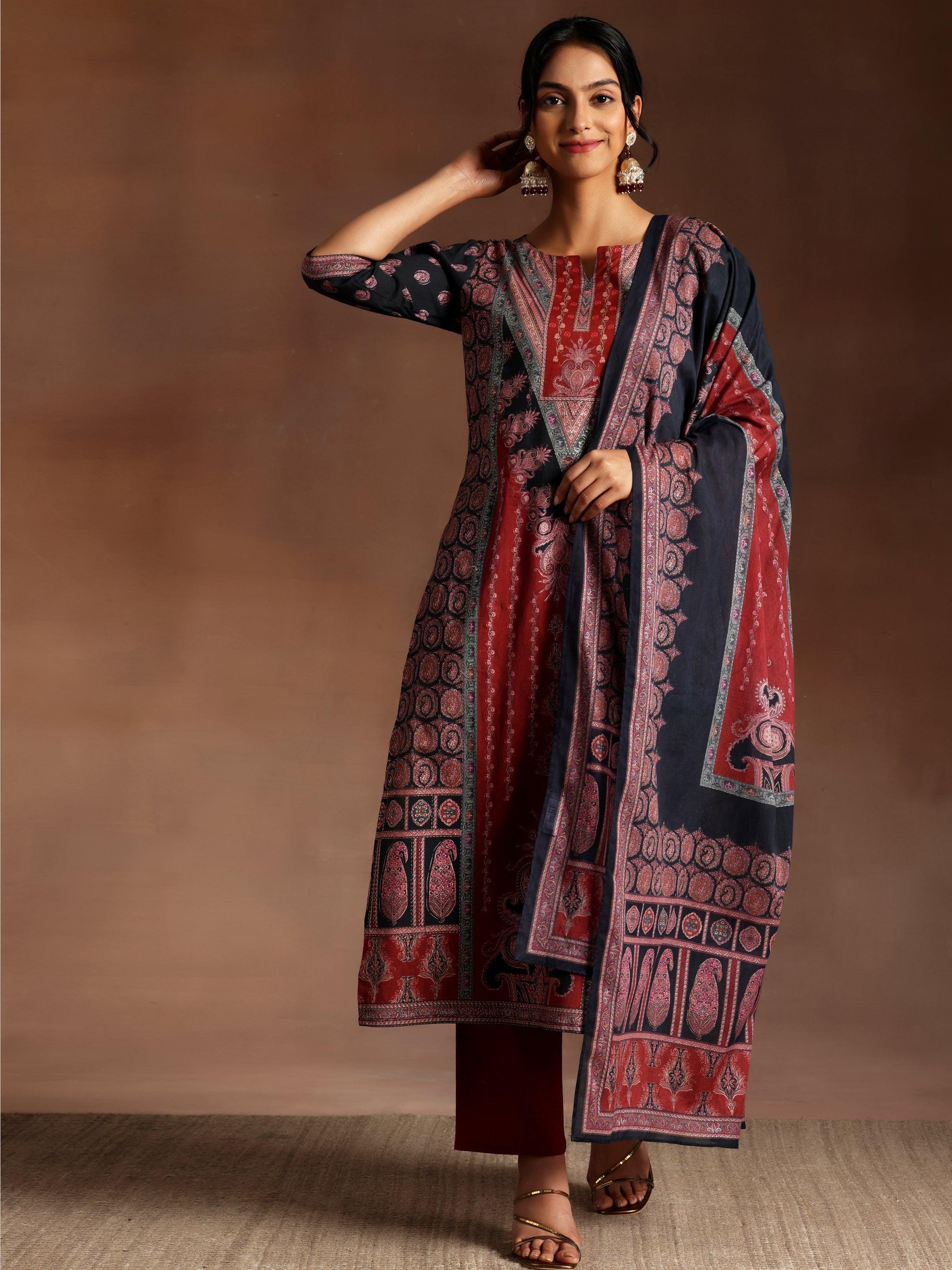 Black Printed Cotton Straight Suit With Dupatta