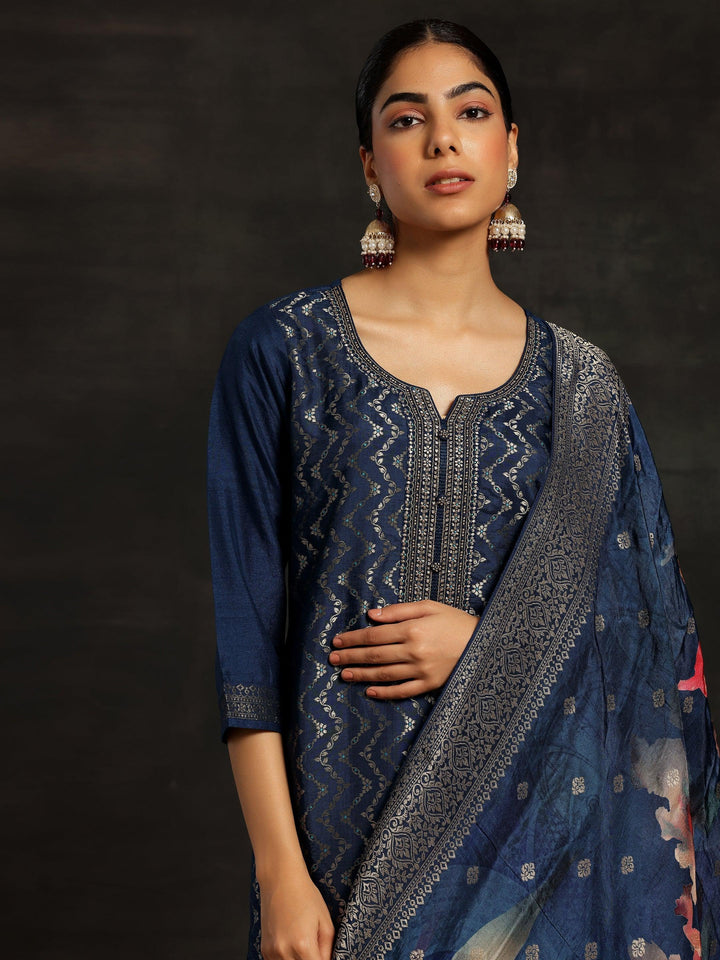 Blue Woven Design Silk Blend Straight Kurta With Trousers & Dupatta - ShopLibas