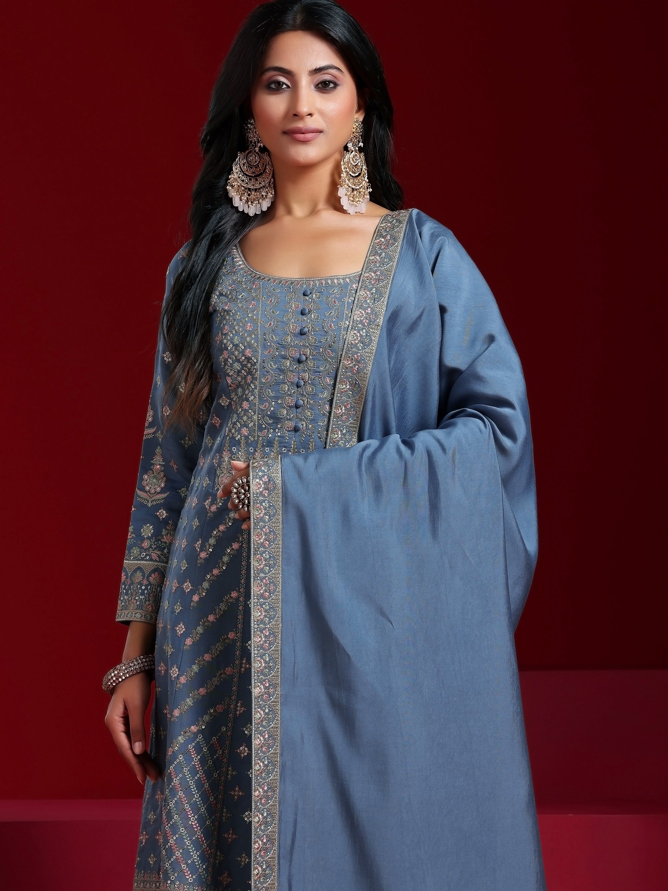 Libas Art Blue Embroidered Silk Blend A-Line Kurta With Sharara & Dupatta