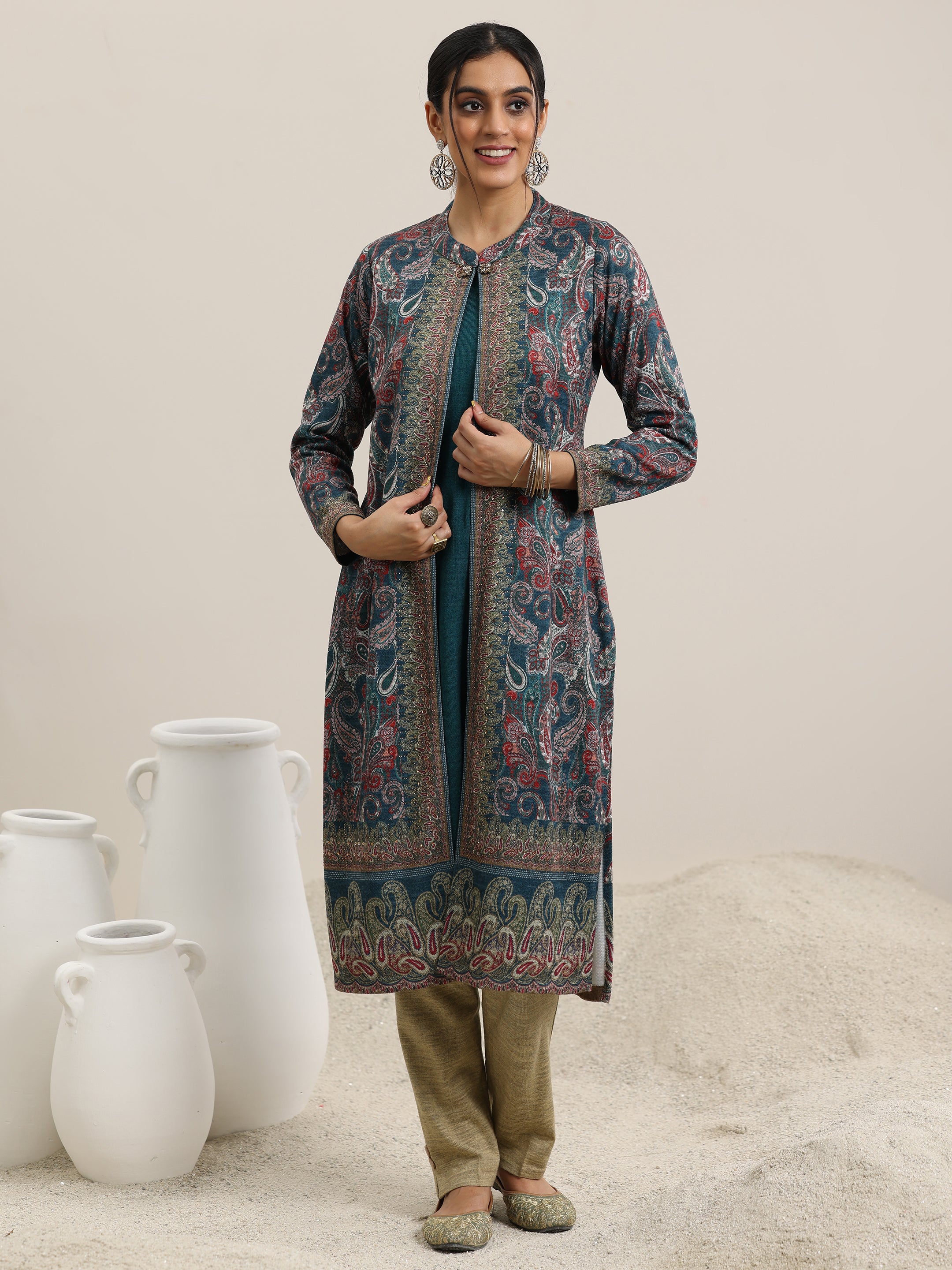 Blue Printed Wool Straight Kurta