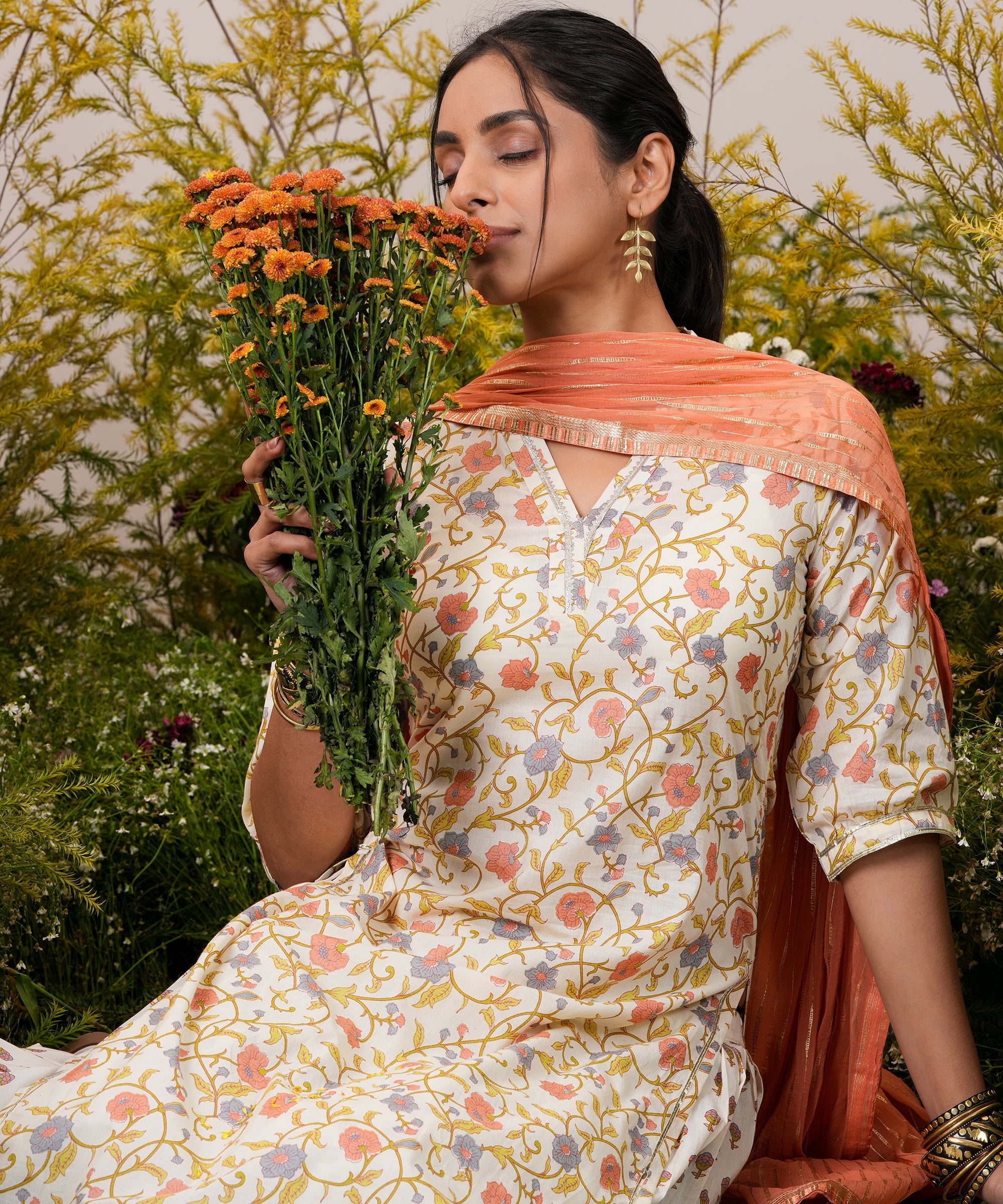 Off White Printed Cotton Straight Suit With Dupatta