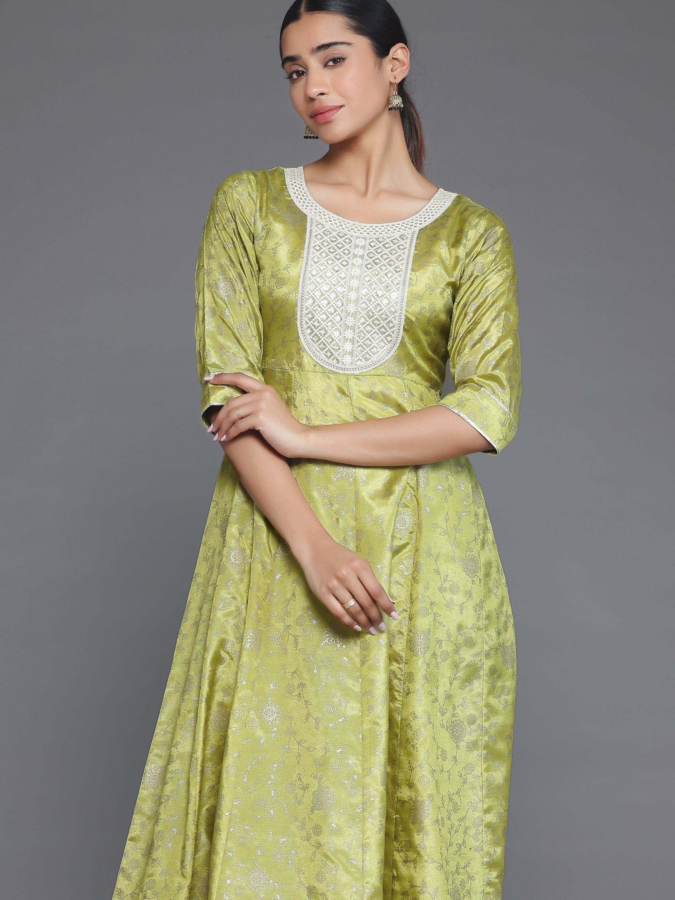 Green Printed Silk Blend A-Line Kurta With Trousers