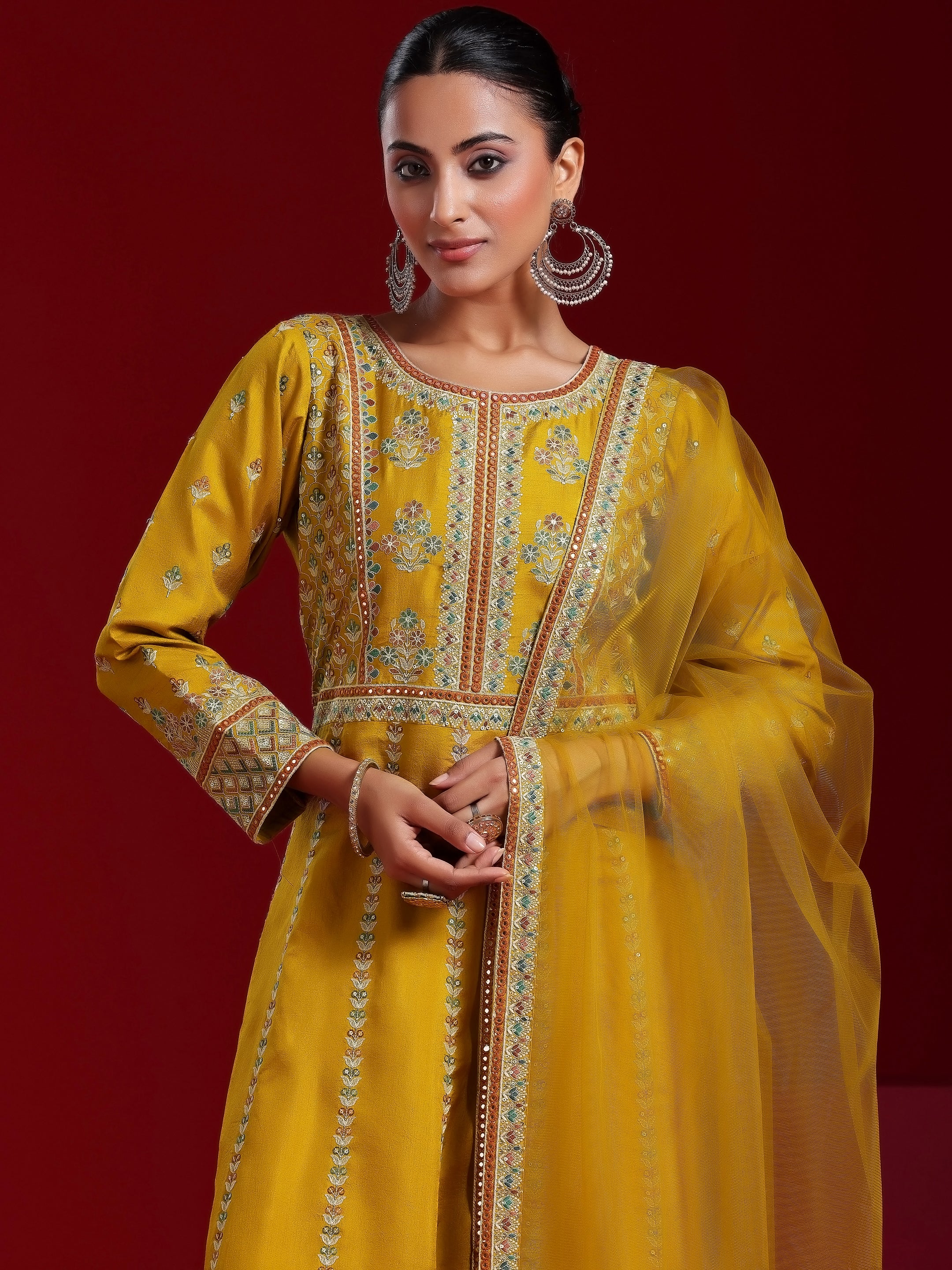 Libas Art Mustard Embroidered Silk Blend A-Line Kurta With Sharara & Dupatta