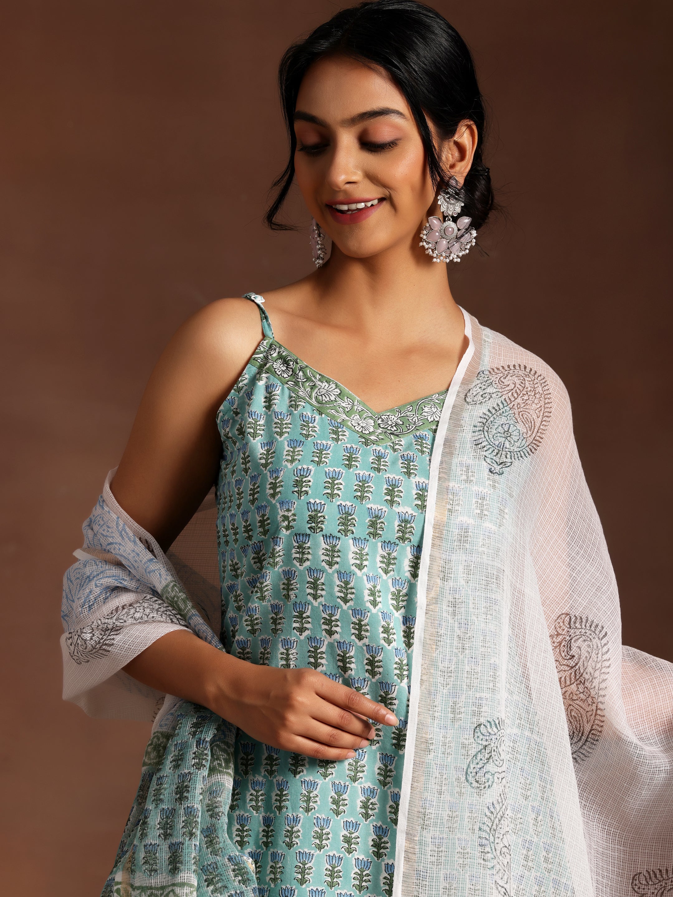 Green Printed Cotton Straight Suit With Dupatta