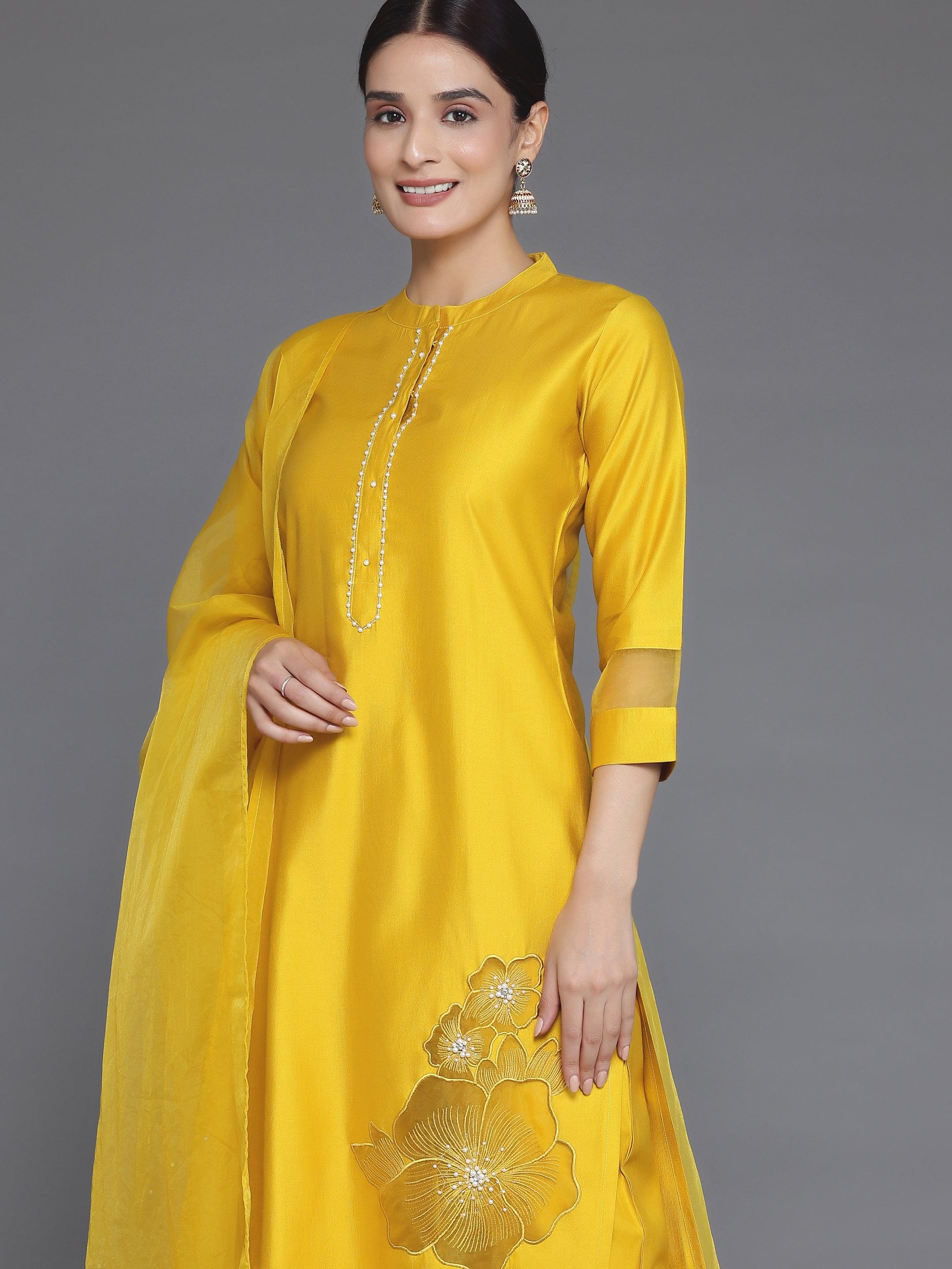 Yellow Solid Silk Blend Straight Suit With Dupatta