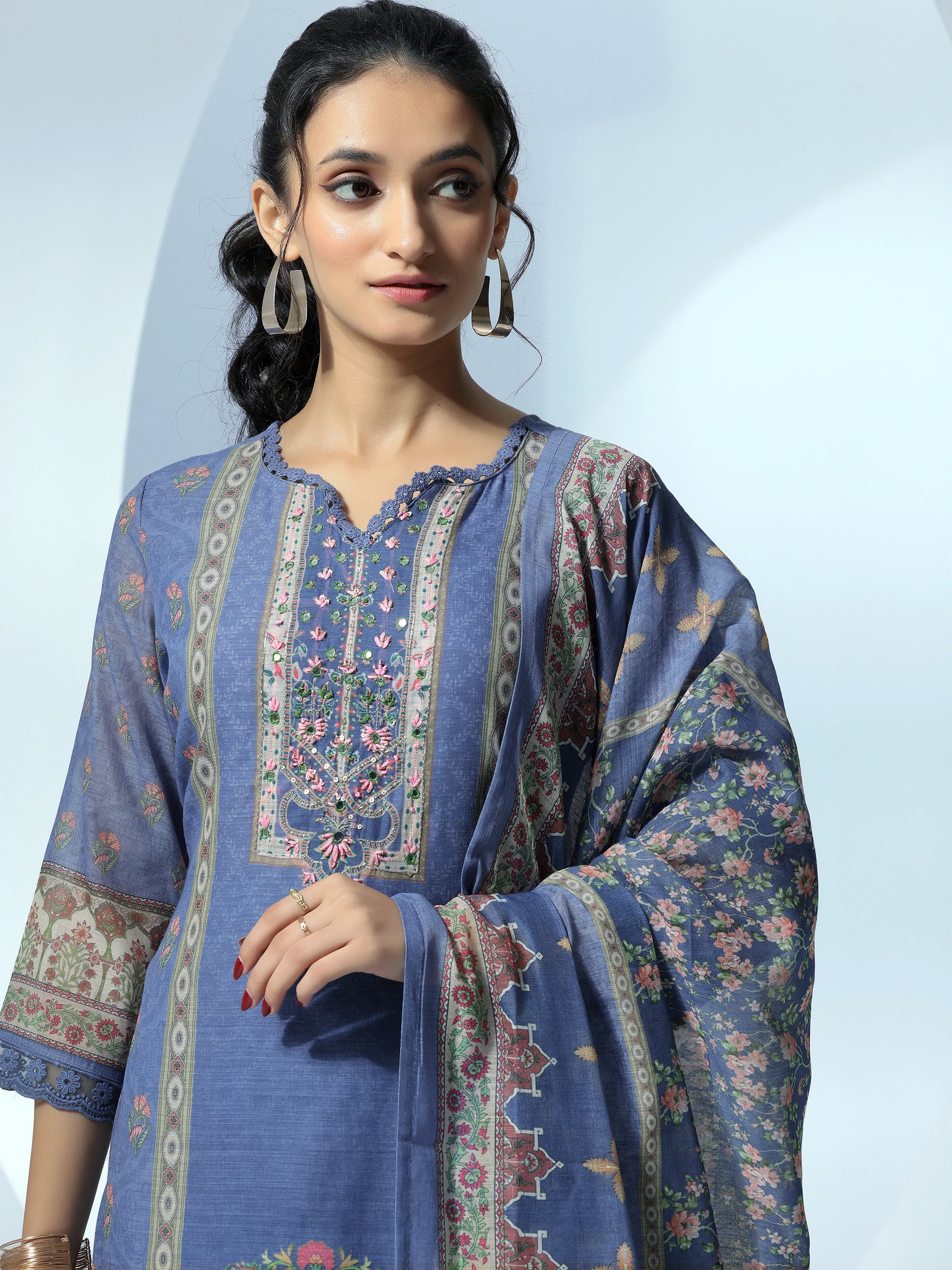 Blue Printed Linen Straight Suit With Dupatta