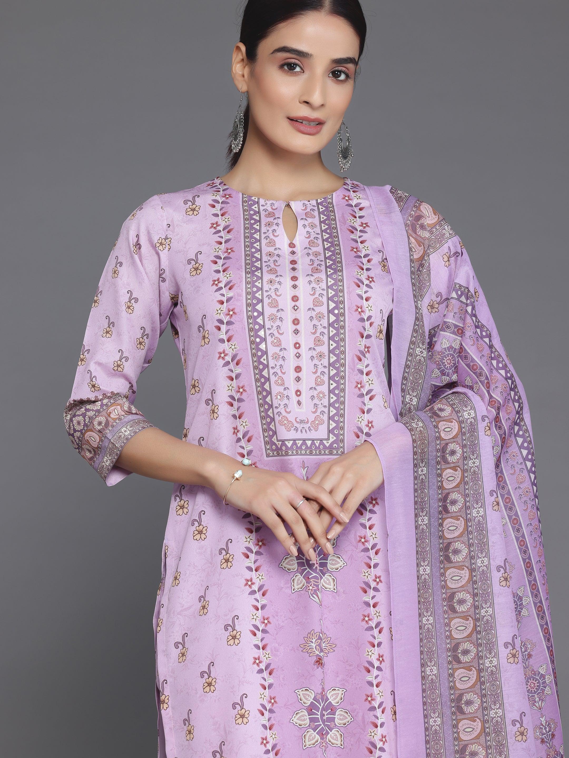 Pink Printed Poly Crepe Straight Suit With Dupatta