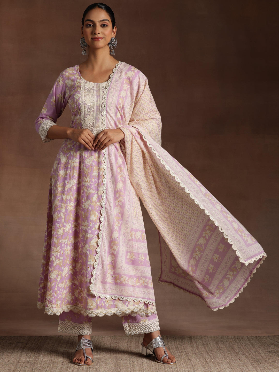 Dilbaro Purple Printed Cotton A-Line Kurta With Trousers & Dupatta - ShopLibas