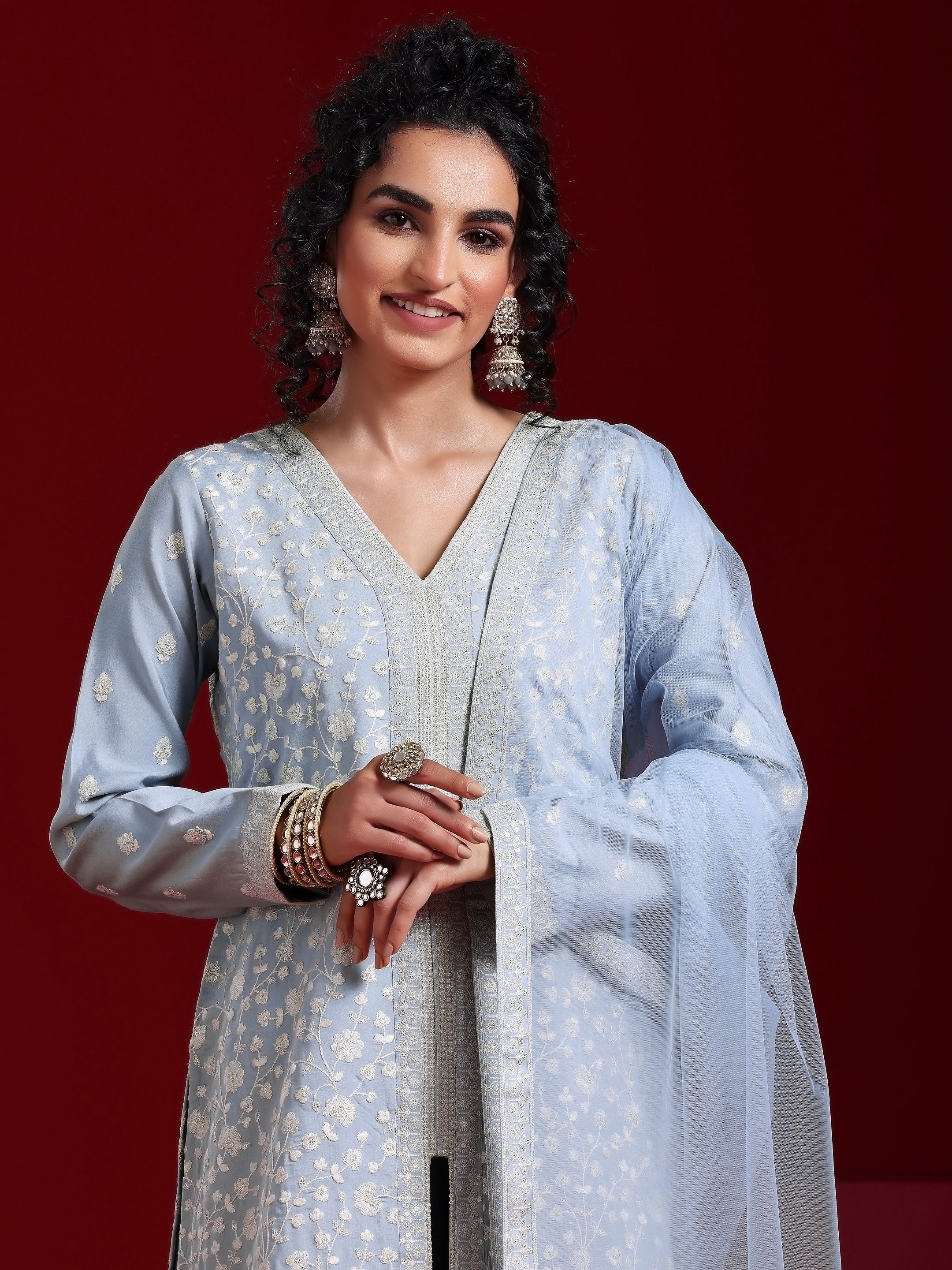 Libas Art Grey Embroidered Silk Blend Straight Suit With Dupatta