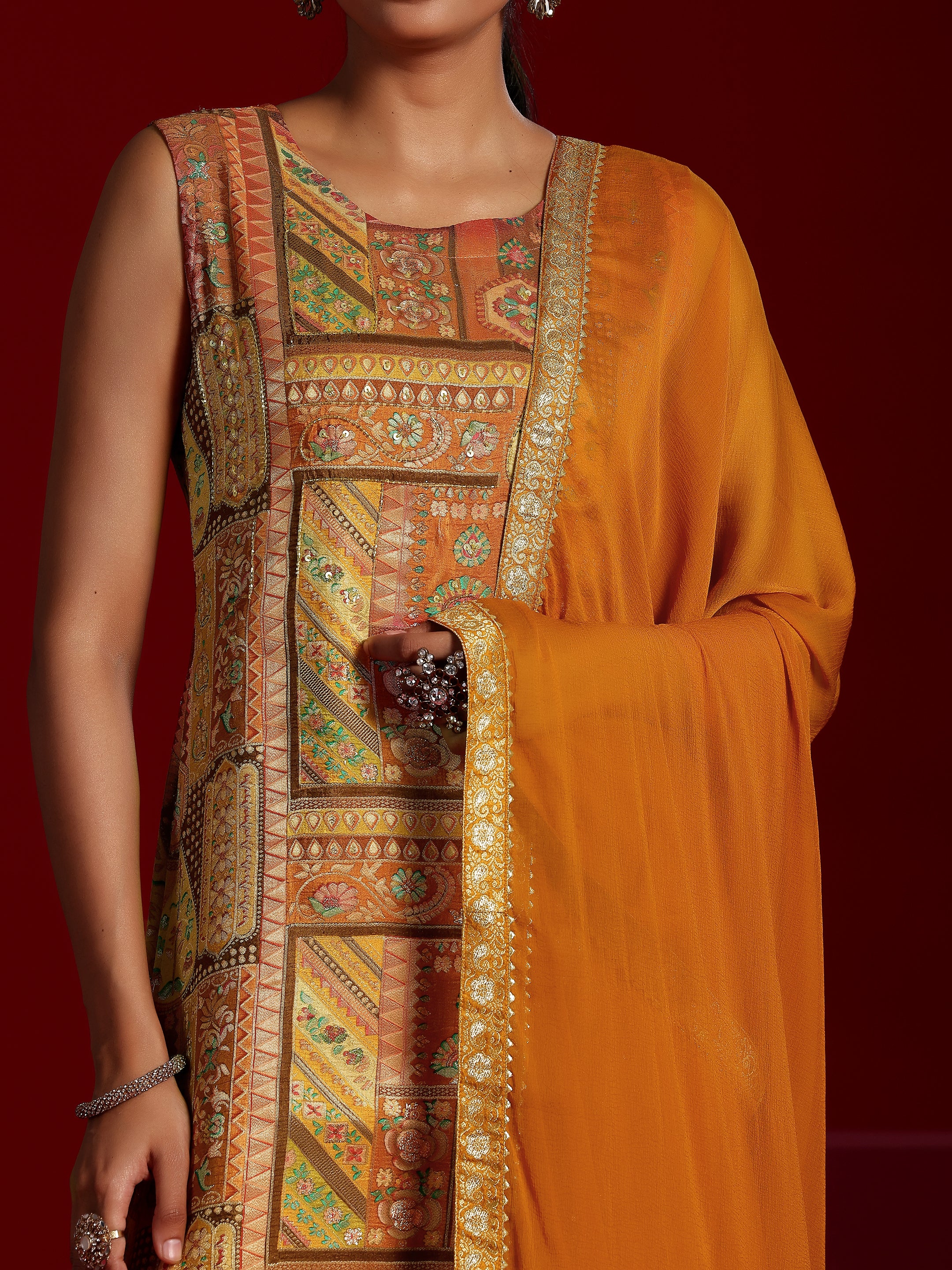 Libas Art Orange Woven Design Silk Blend Straight Suit With Dupatta