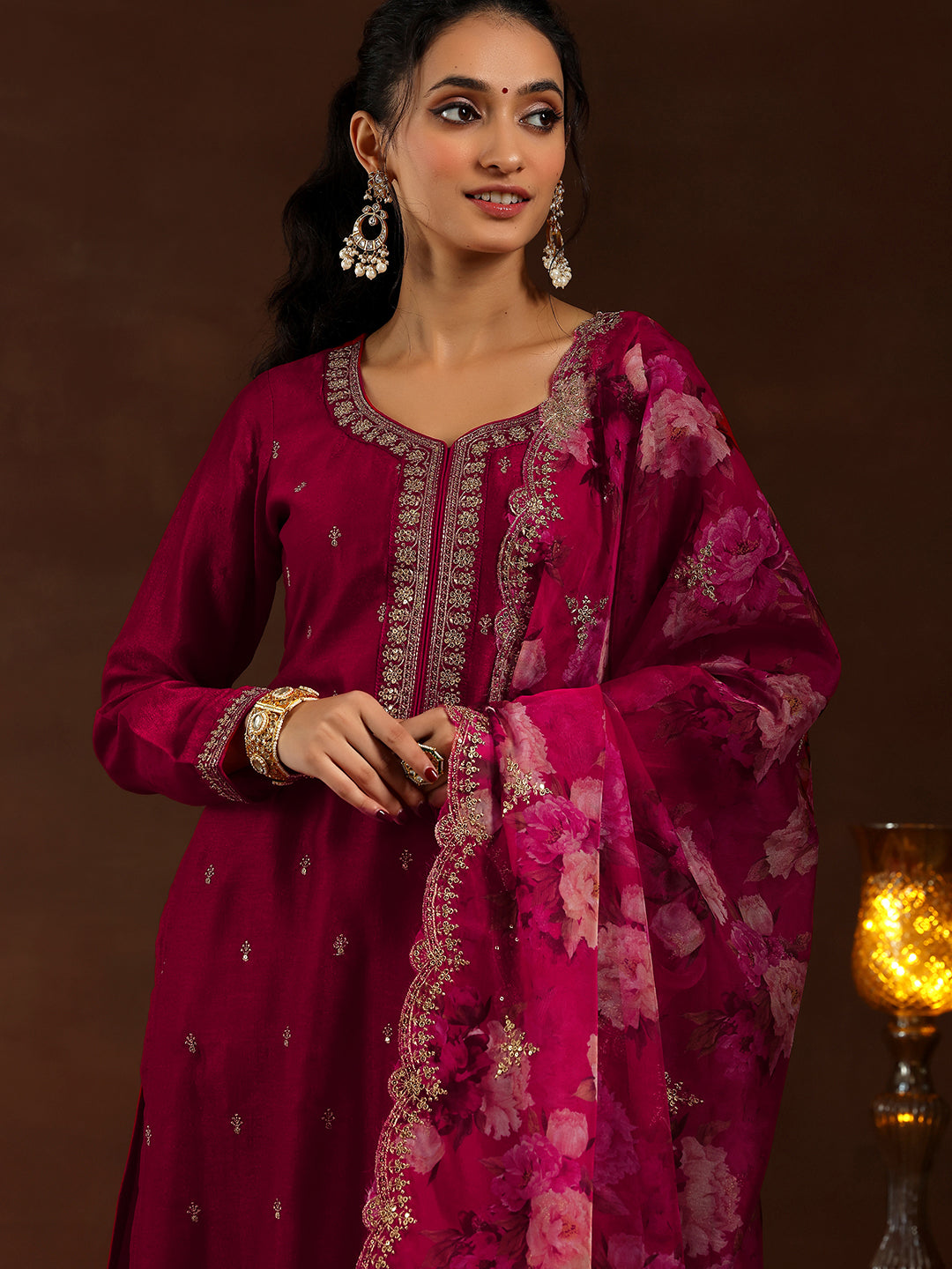 Red Embroidered Silk Blend Straight Suit With Dupatta