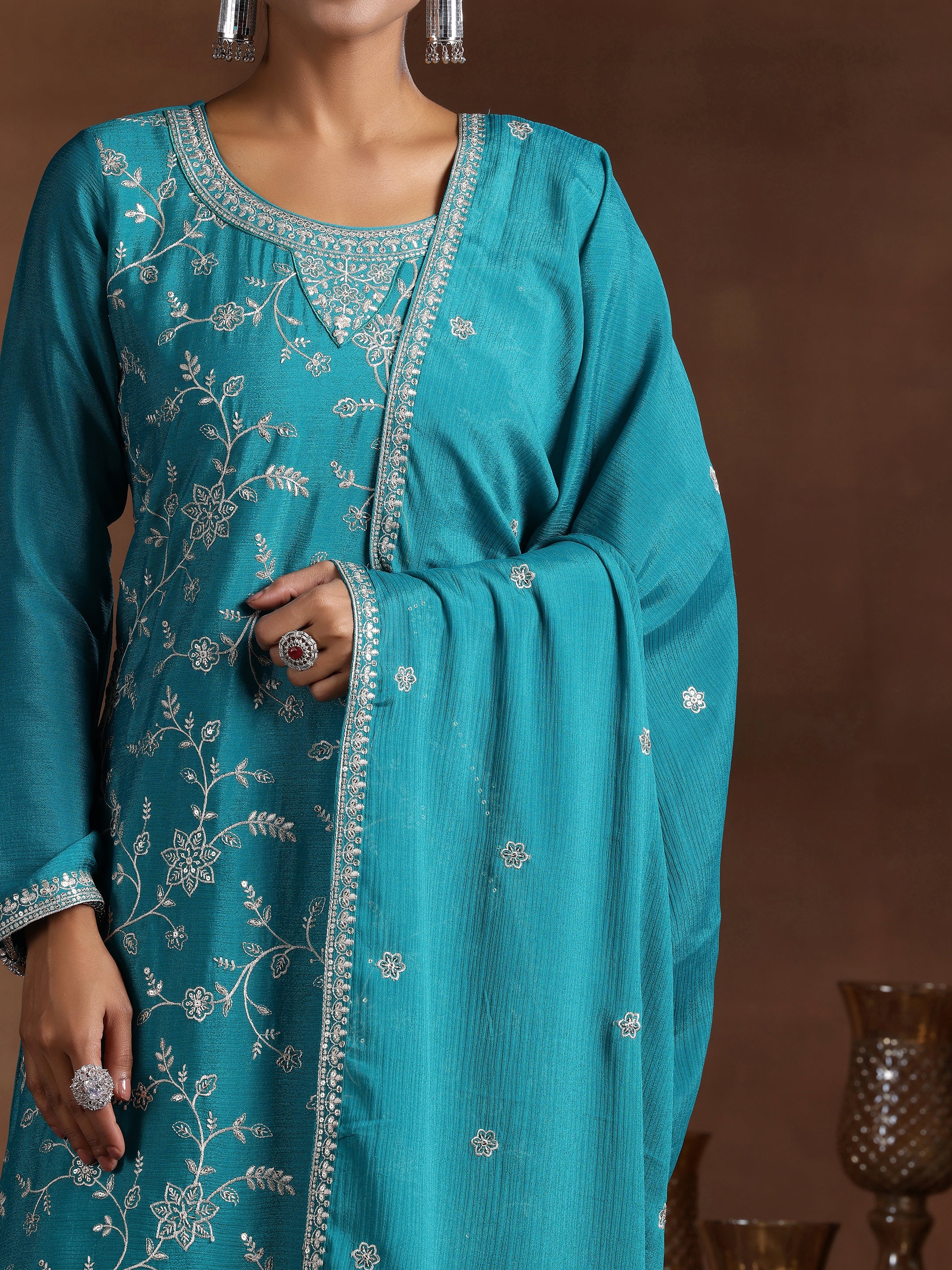 Rama Blue Embroidered Silk Blend Straight Suit With Dupatta