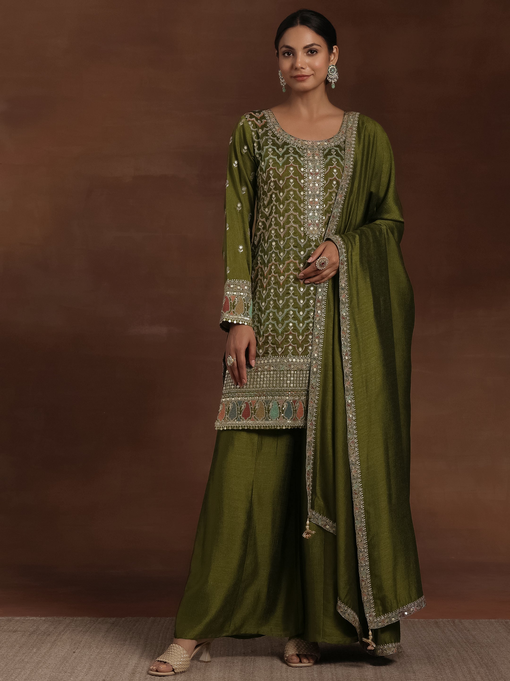 Adaa Olive Embroidered Silk Blend Straight Kurta With Palazzos & Dupatta