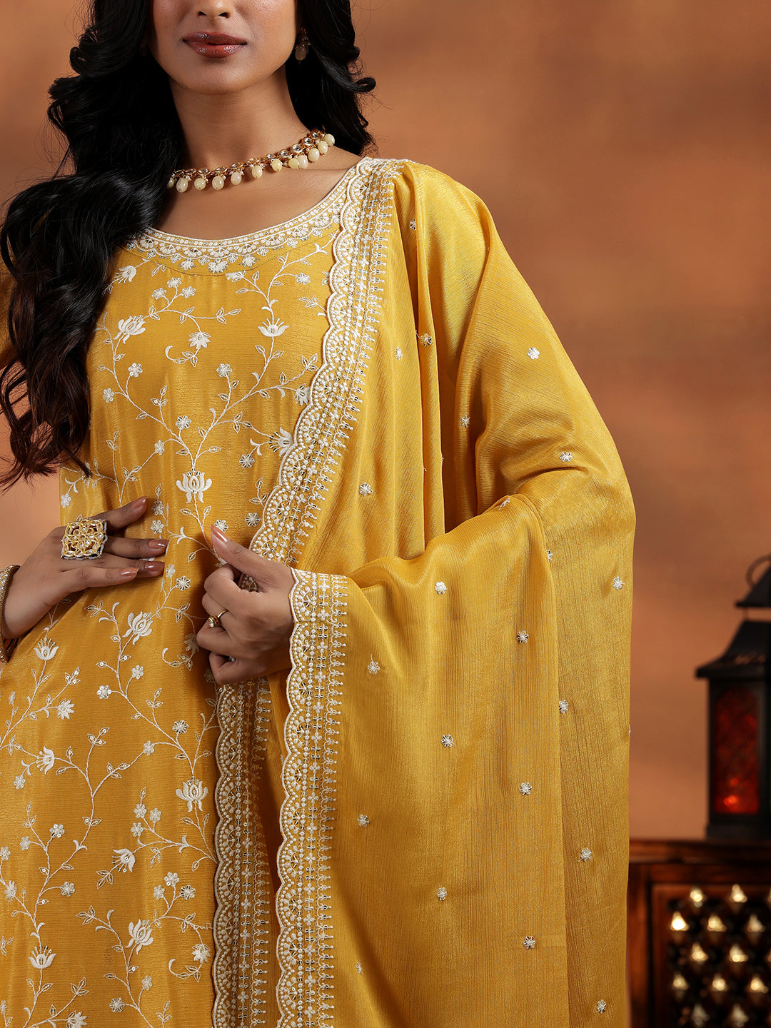 Mustard Embroidered Silk Blend Straight Suit With Dupatta