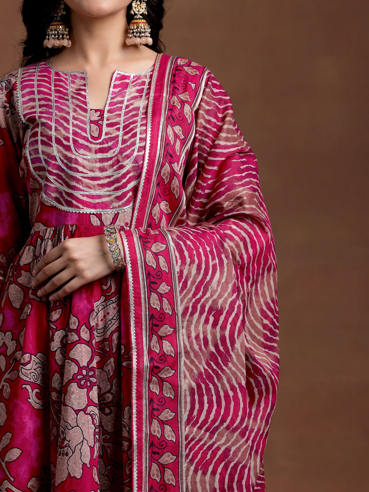 Magenta Printed Cotton Anarkali Suit With Dupatta