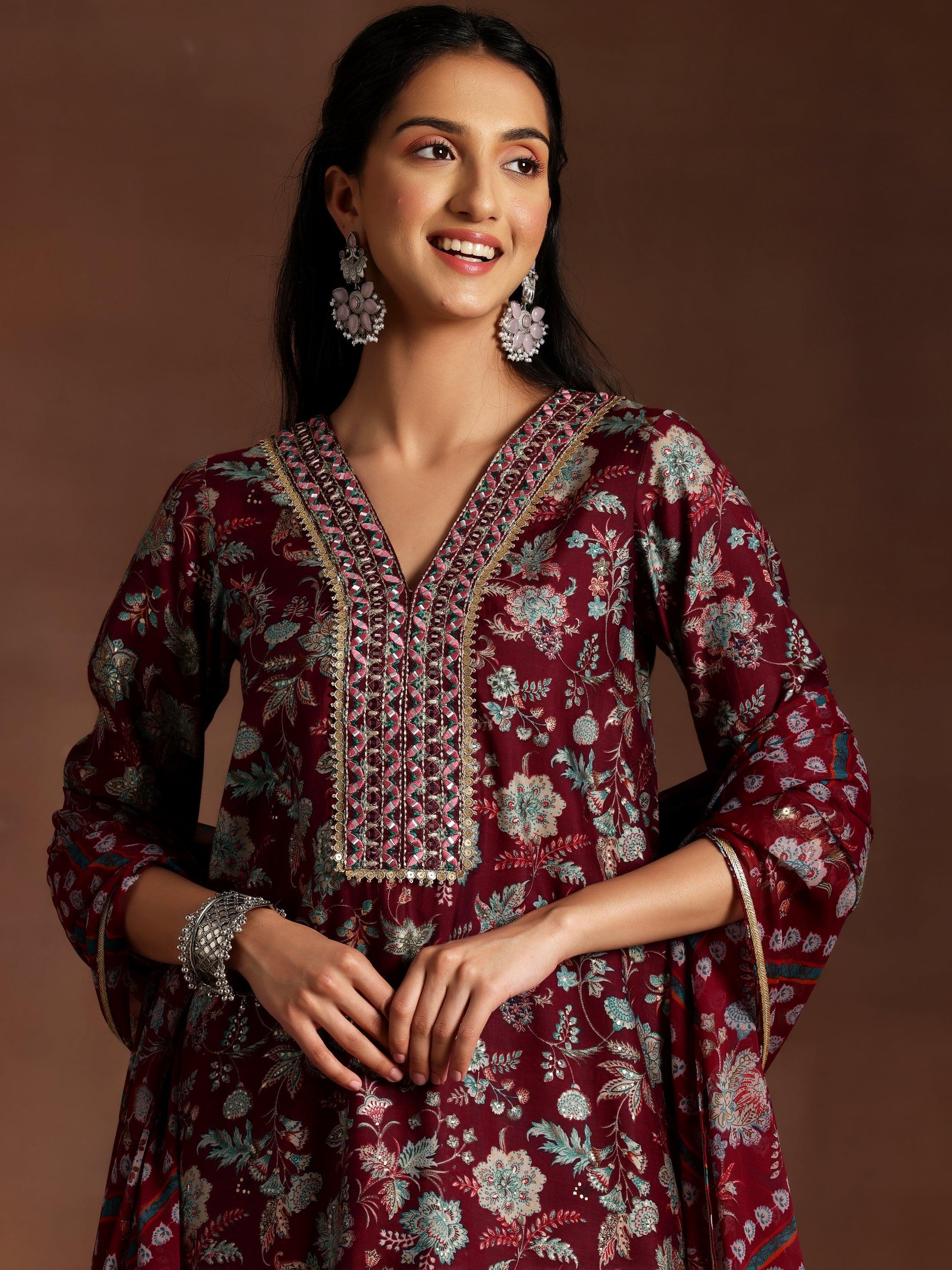 Burgundy Printed Silk Blend Straight Suit With Dupatta