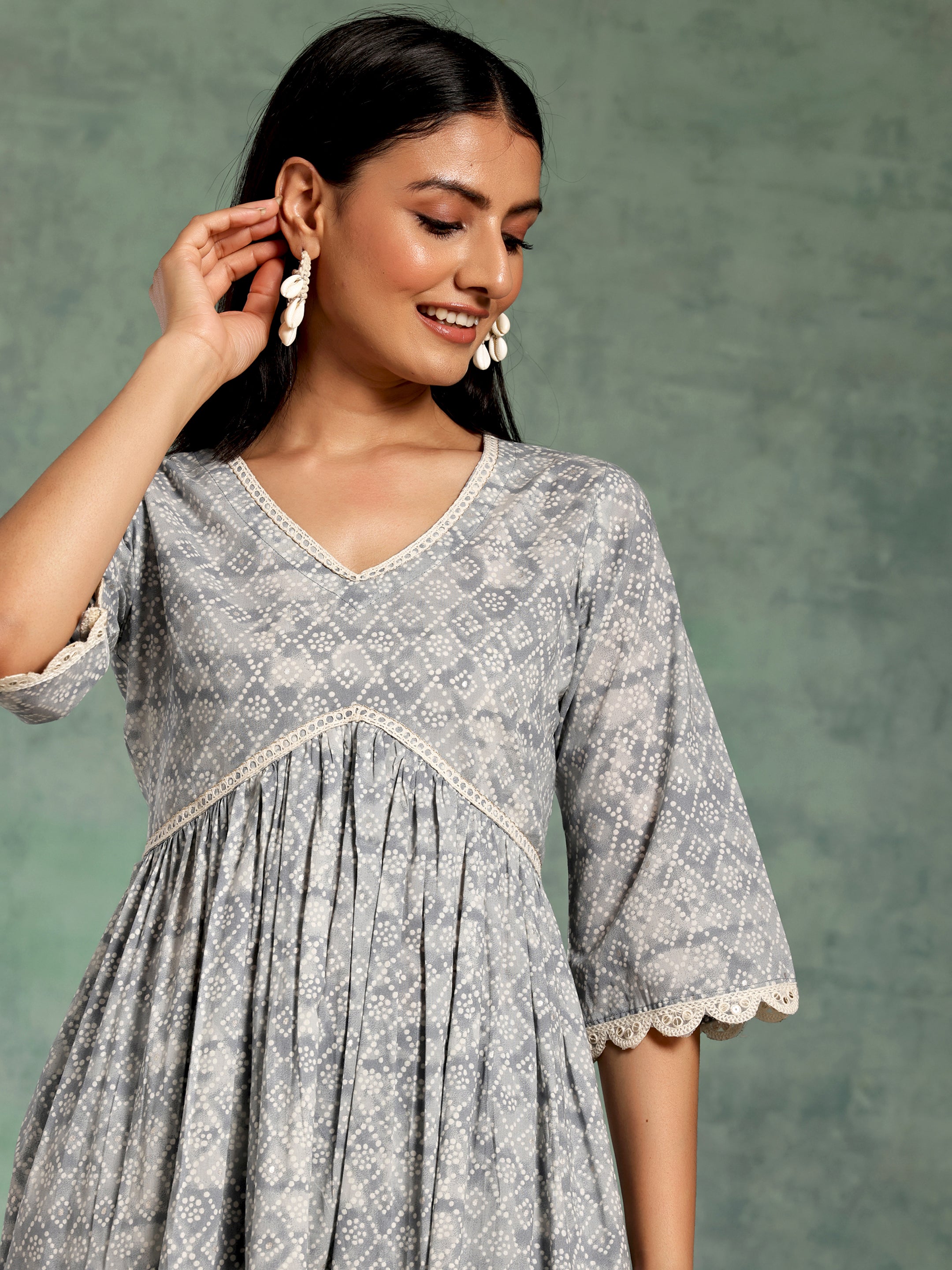 Grey Printed Cotton A-Line Kurta With Palazzos & Dupatta