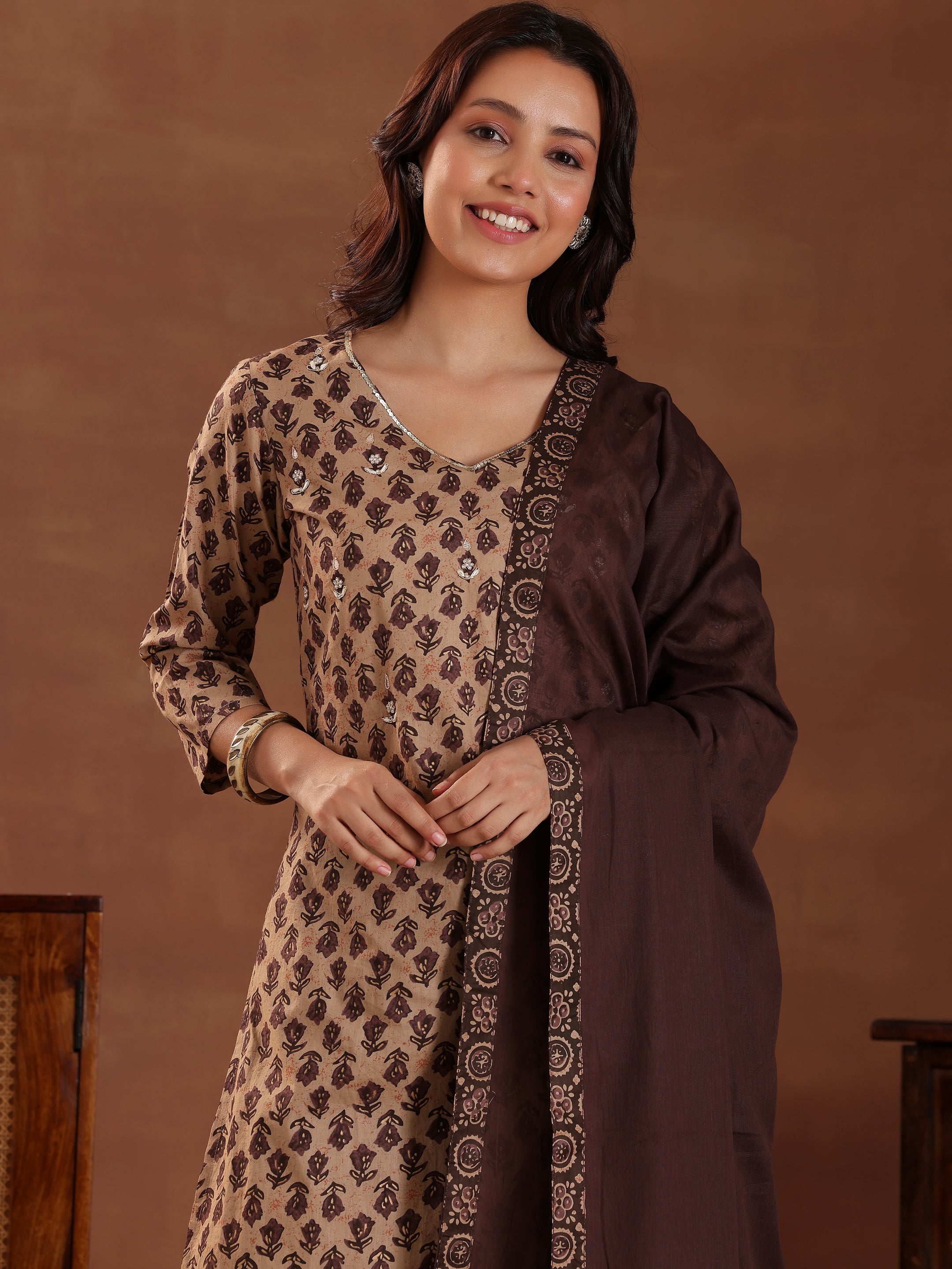 Brown Printed Cotton Straight Suit With Dupatta