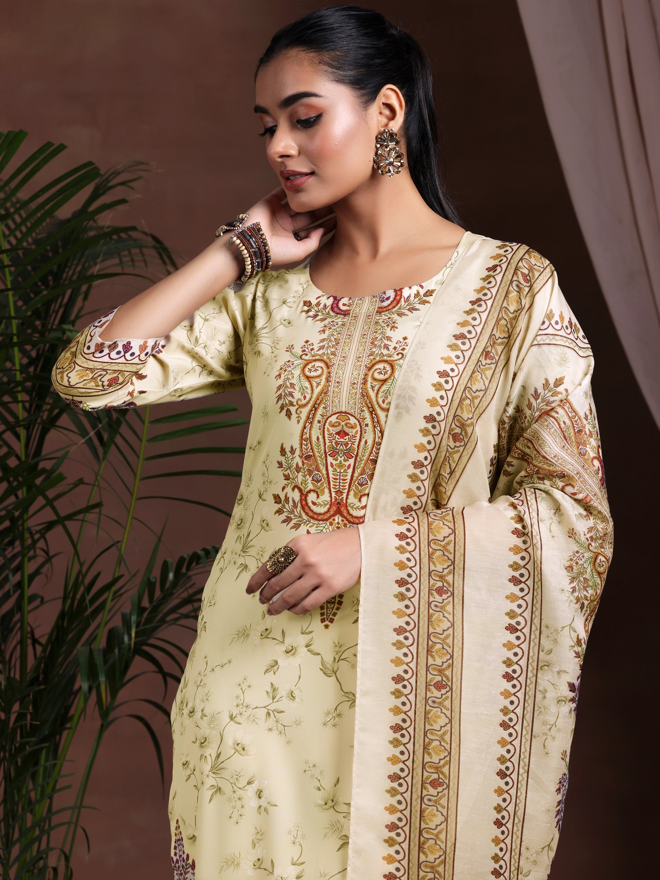 Beige Printed Poly Crepe Straight Suit With Dupatta