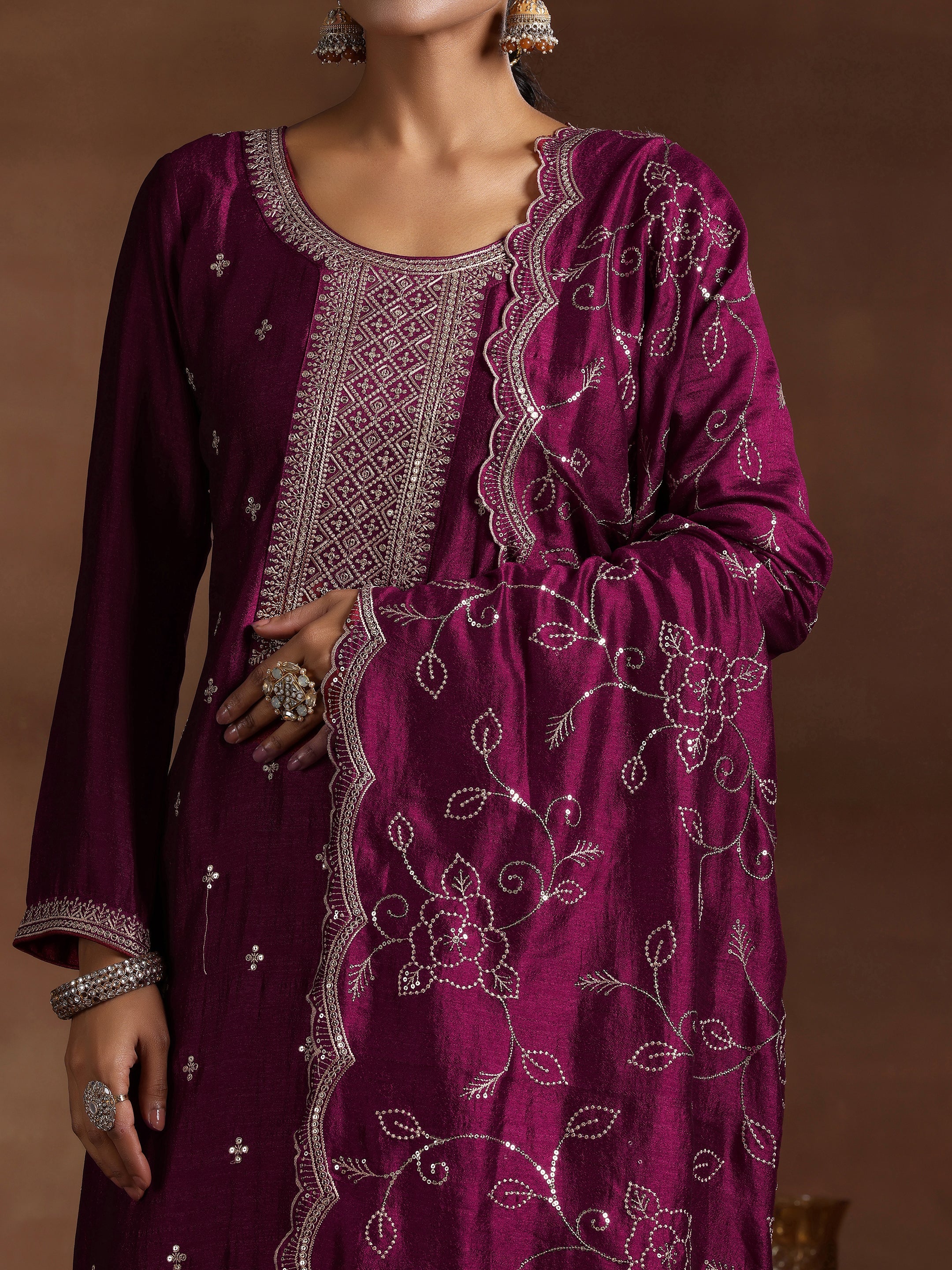 Wine Embroidered Silk Blend Straight Suit With Dupatta