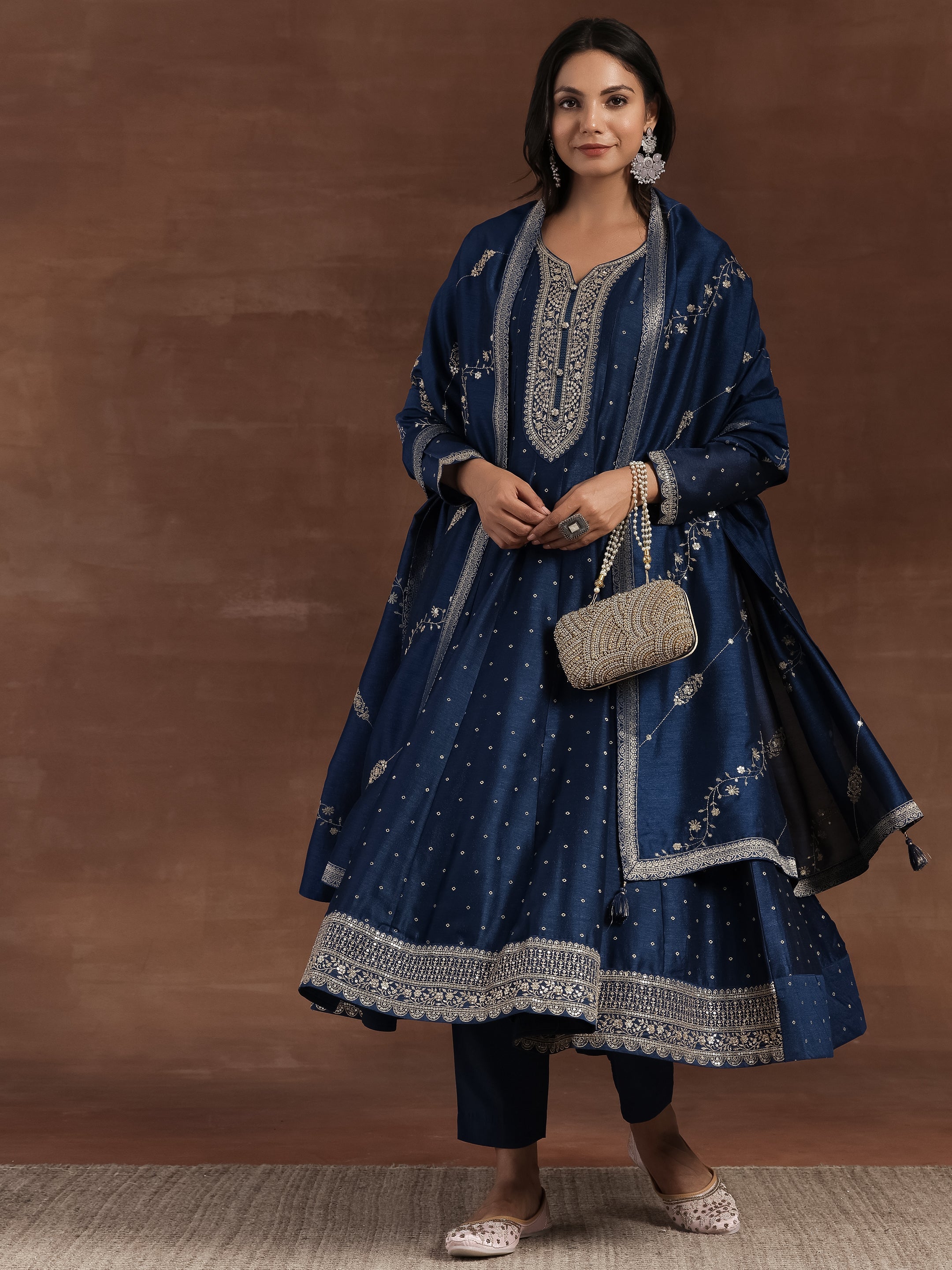 Blue Embroidered Silk Blend A-Line Kurta With Trousers & Dupatta