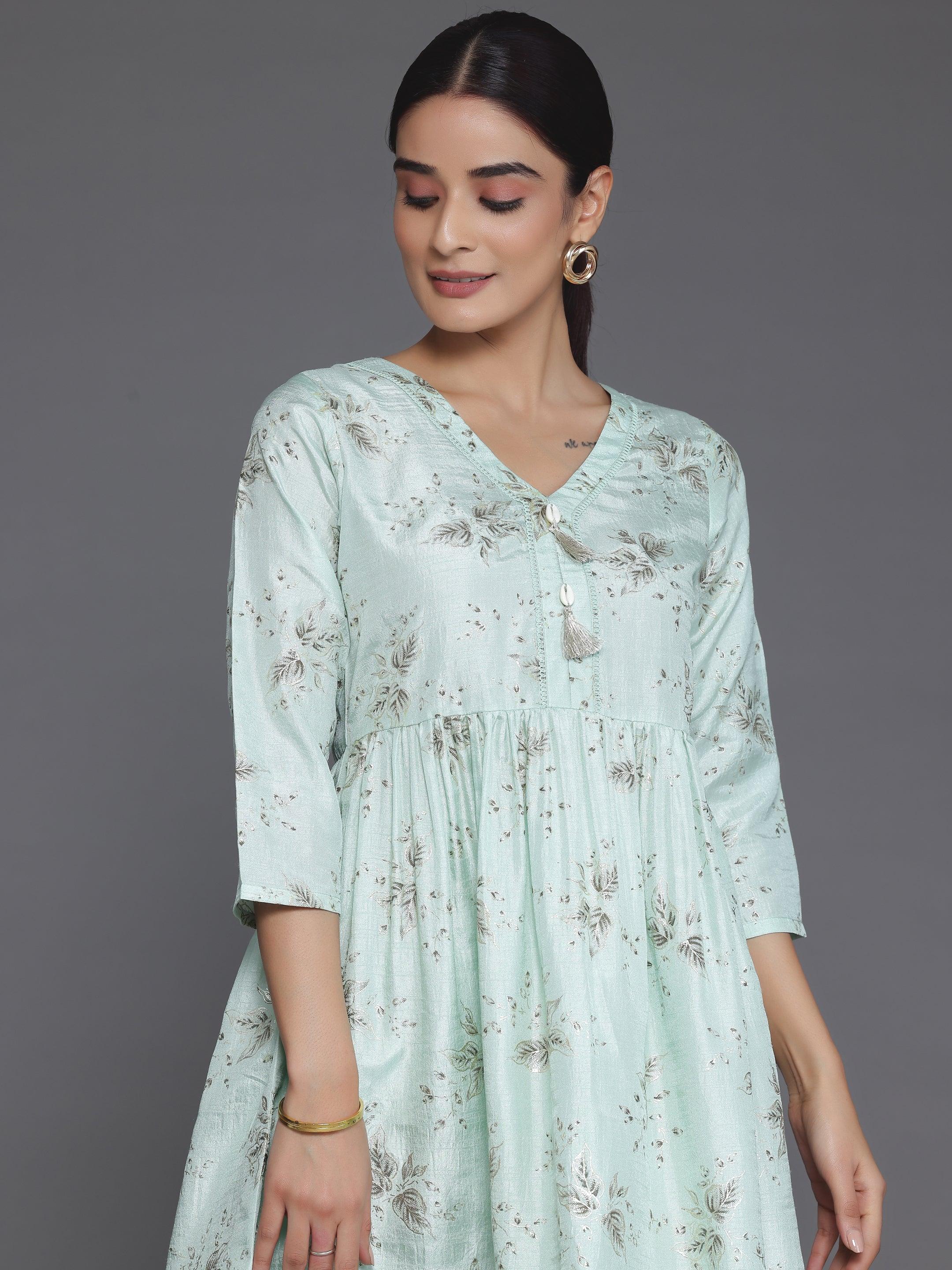 Sea Green Printed Silk Blend A-Line Kurta With Salwar