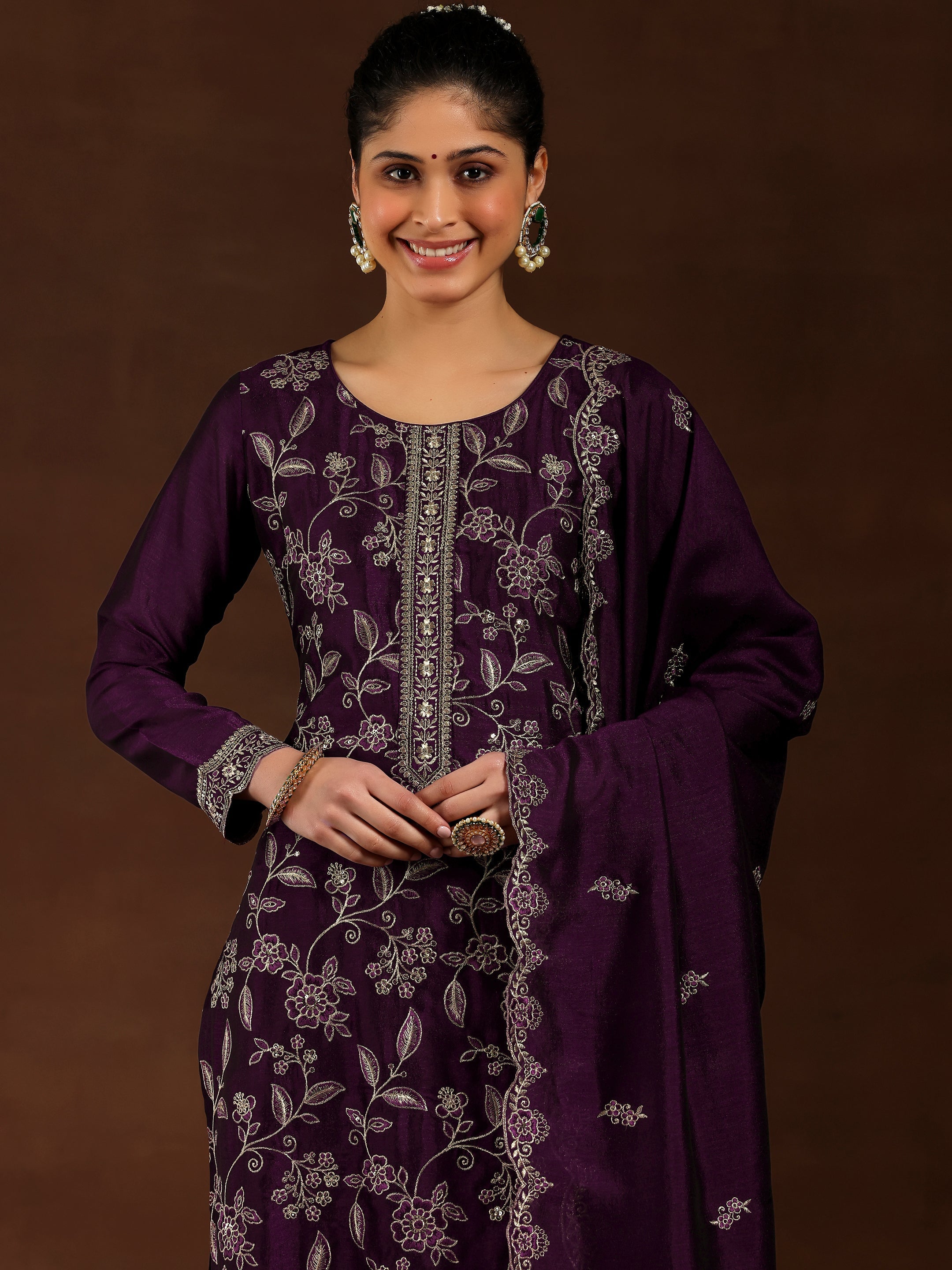 Wine Embroidered Silk Blend Straight Suit With Dupatta