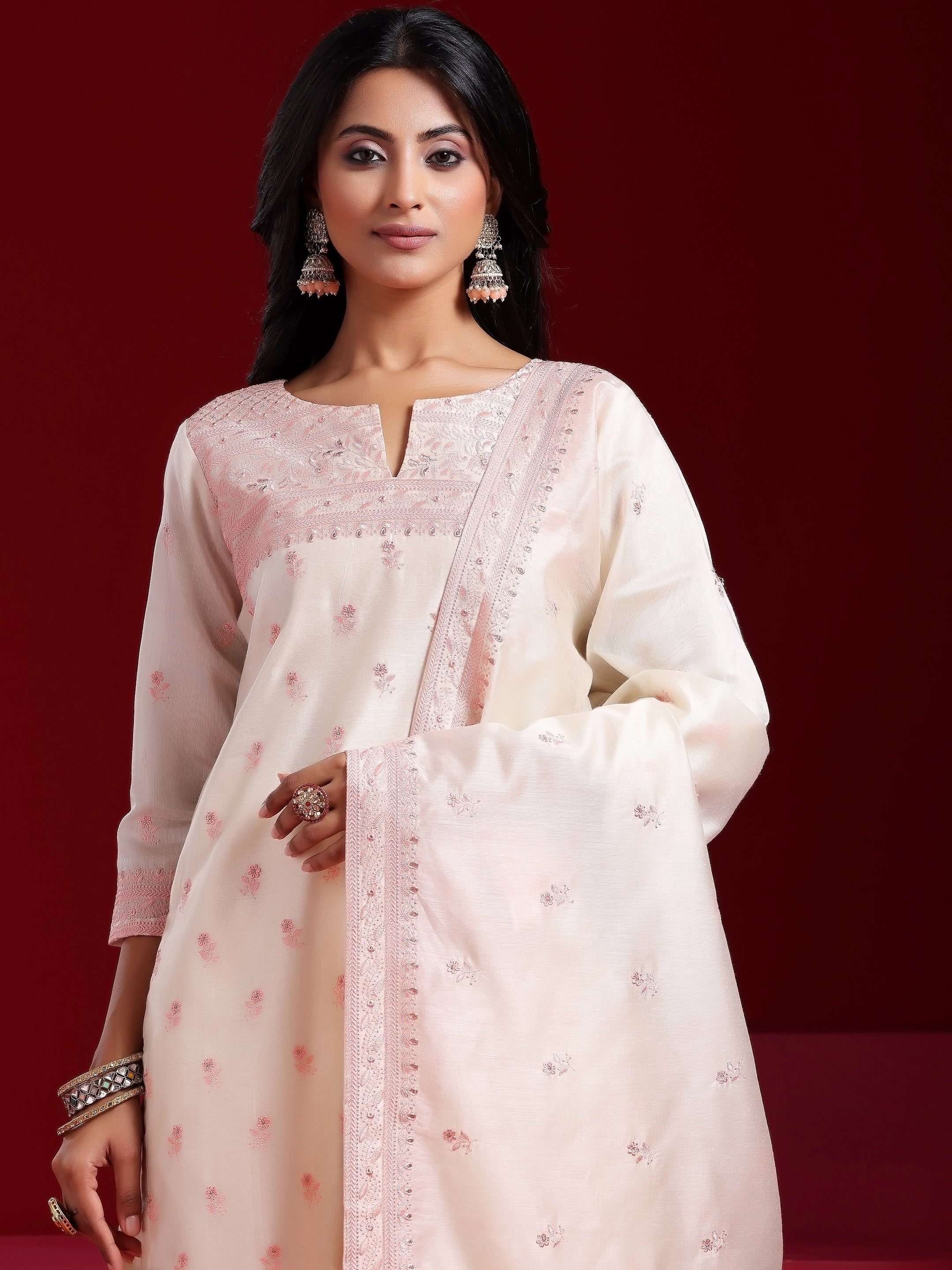 Libas Art Off White Embroidered Chanderi Silk Straight Suit With Dupatta