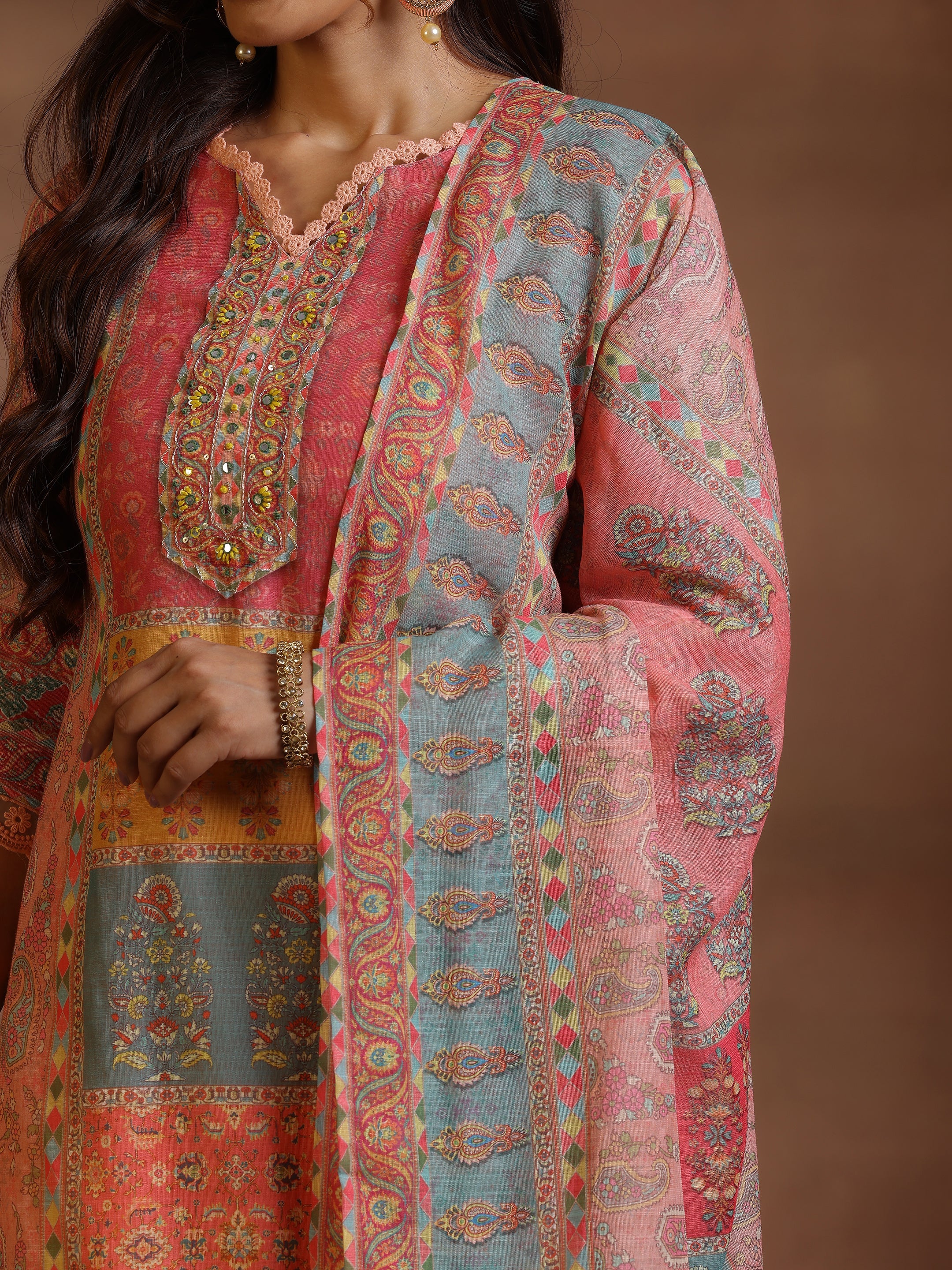 Peach Printed Linen Straight Suit With Dupatta