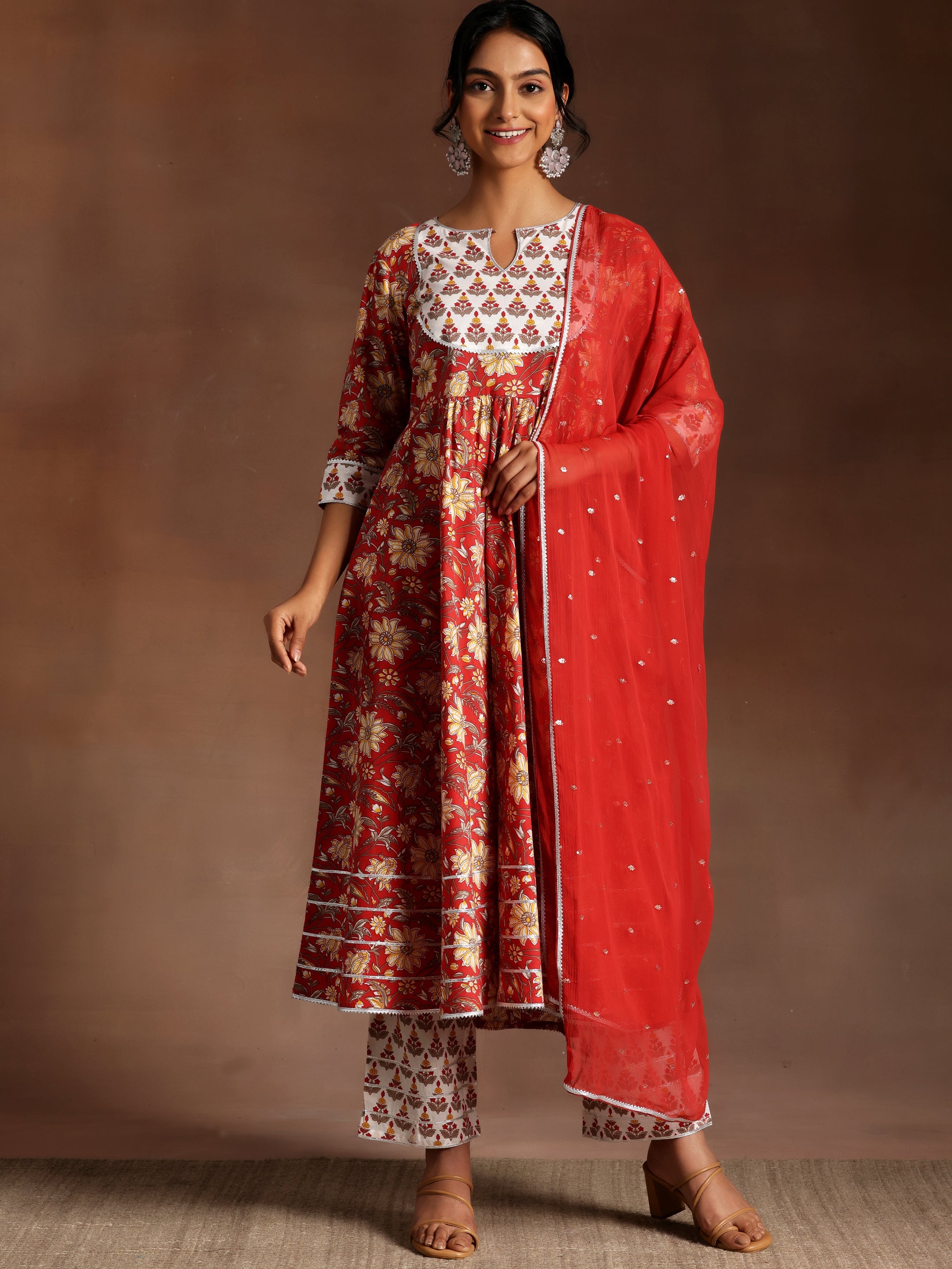 Red Printed Cotton Anarkali Suit With Dupatta