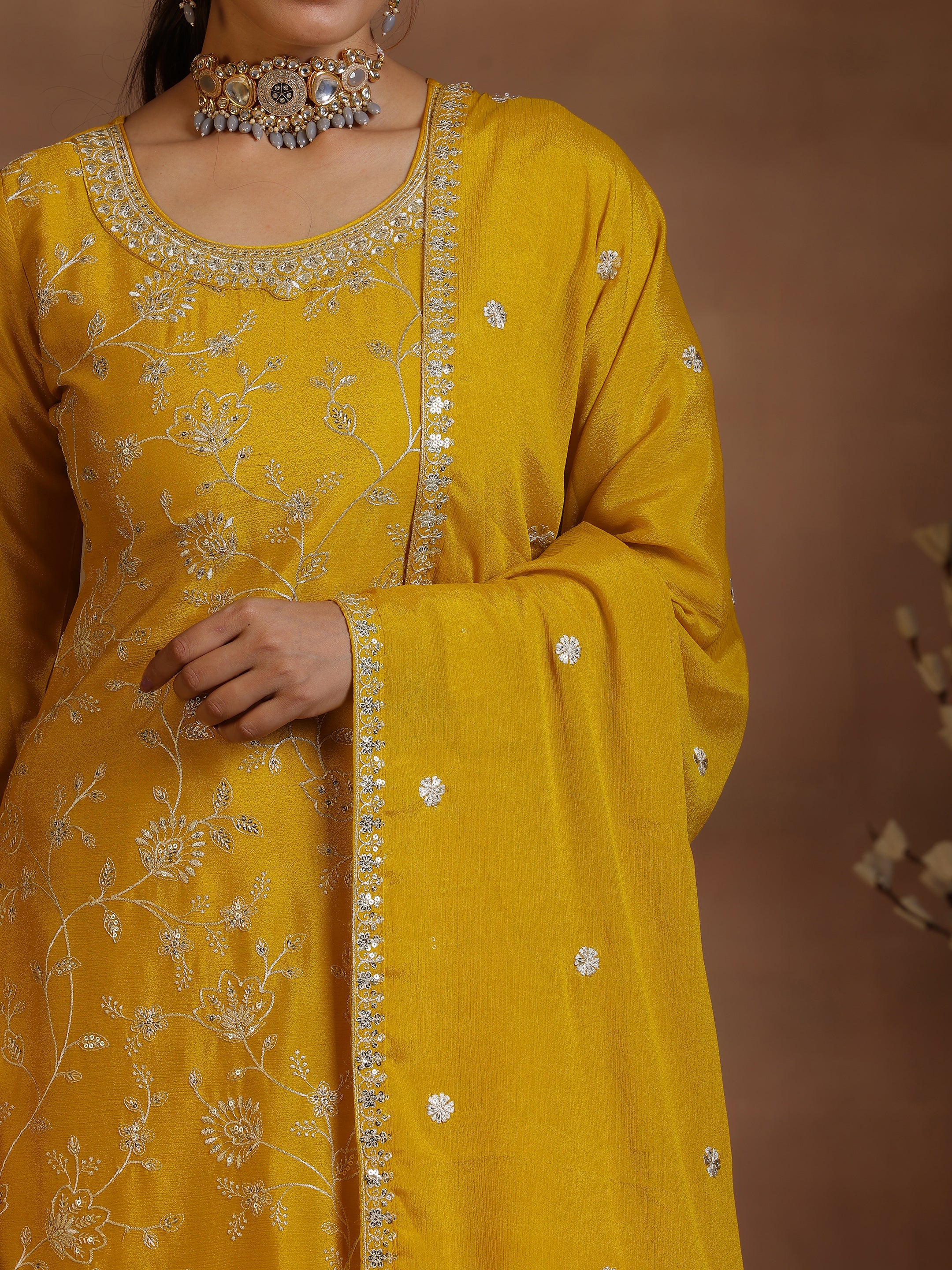 Mustard Embroidered Silk Blend Straight Suit With Dupatta