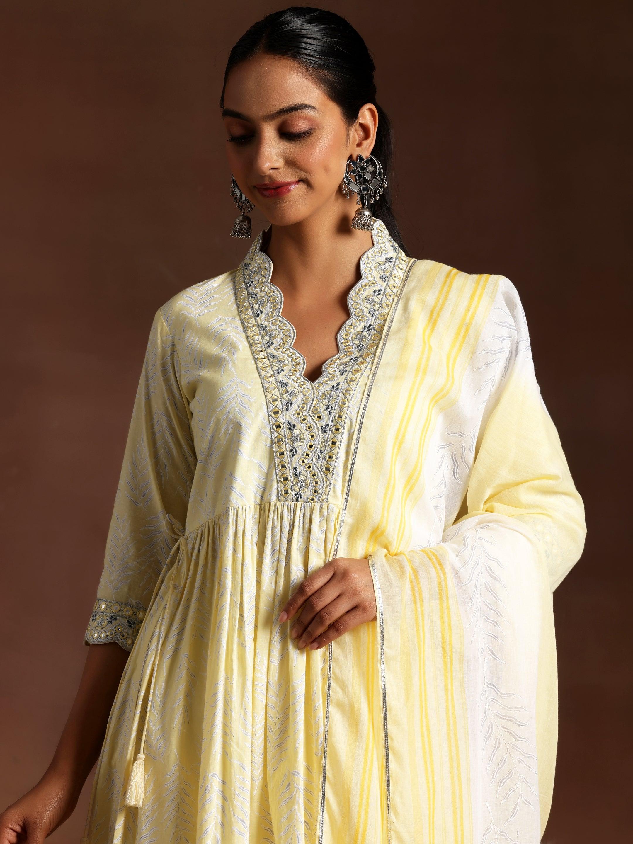 Mahnoor Yellow Printed Cotton A-Line Kurta With Palazzos & Dupatta