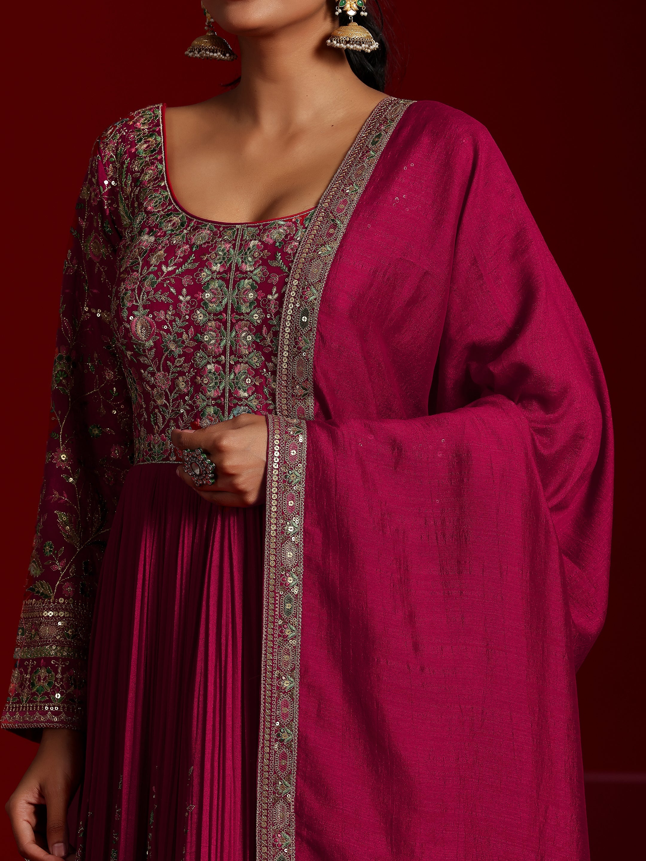 Libas Art Pink Embroidered Silk Blend A-Line Kurta With Trousers & Dupatta